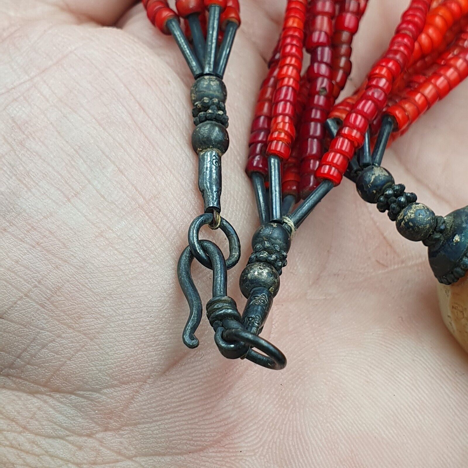 Antique Agate, Venetian Red White Heart Trade Beads Antique Silver Necklace.