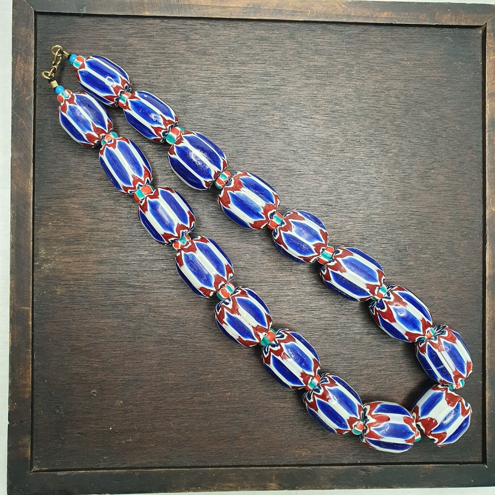 495g Venetian inspired African Blue Glass Chevron Big Beads Necklace