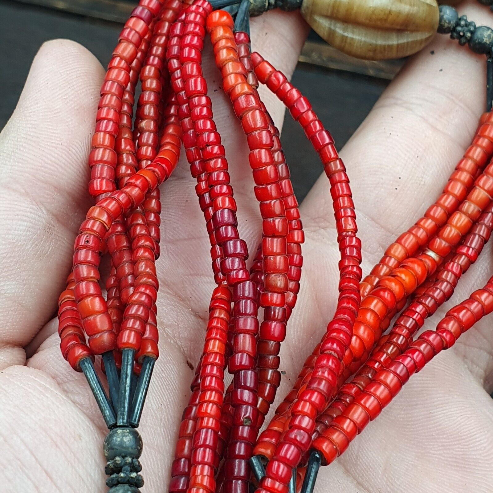 Antique Agate, Venetian Red White Heart Trade Beads Antique Silver Necklace.