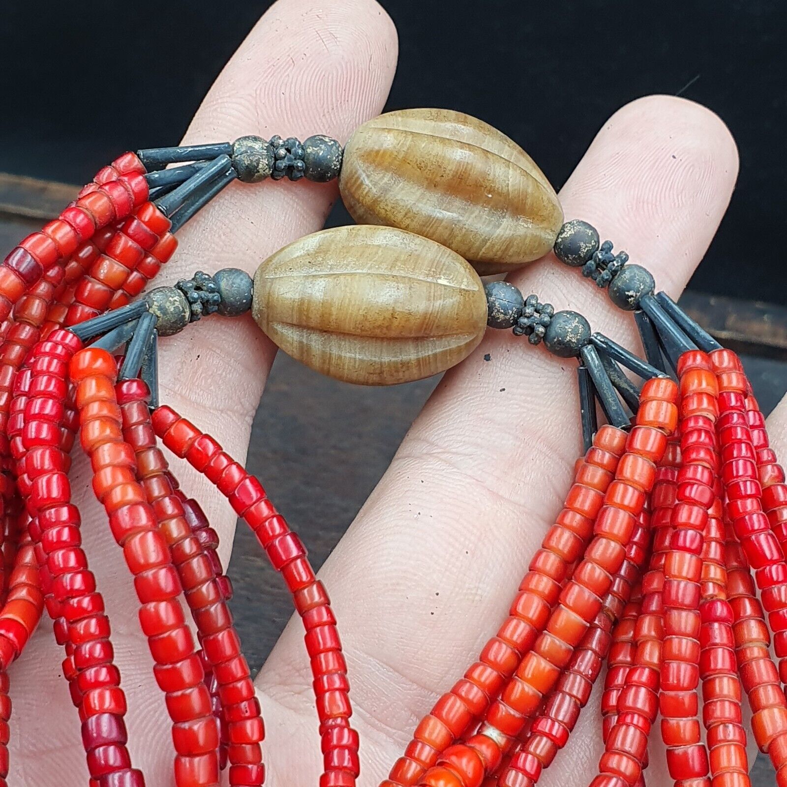 Antique Agate, Venetian Red White Heart Trade Beads Antique Silver Necklace.