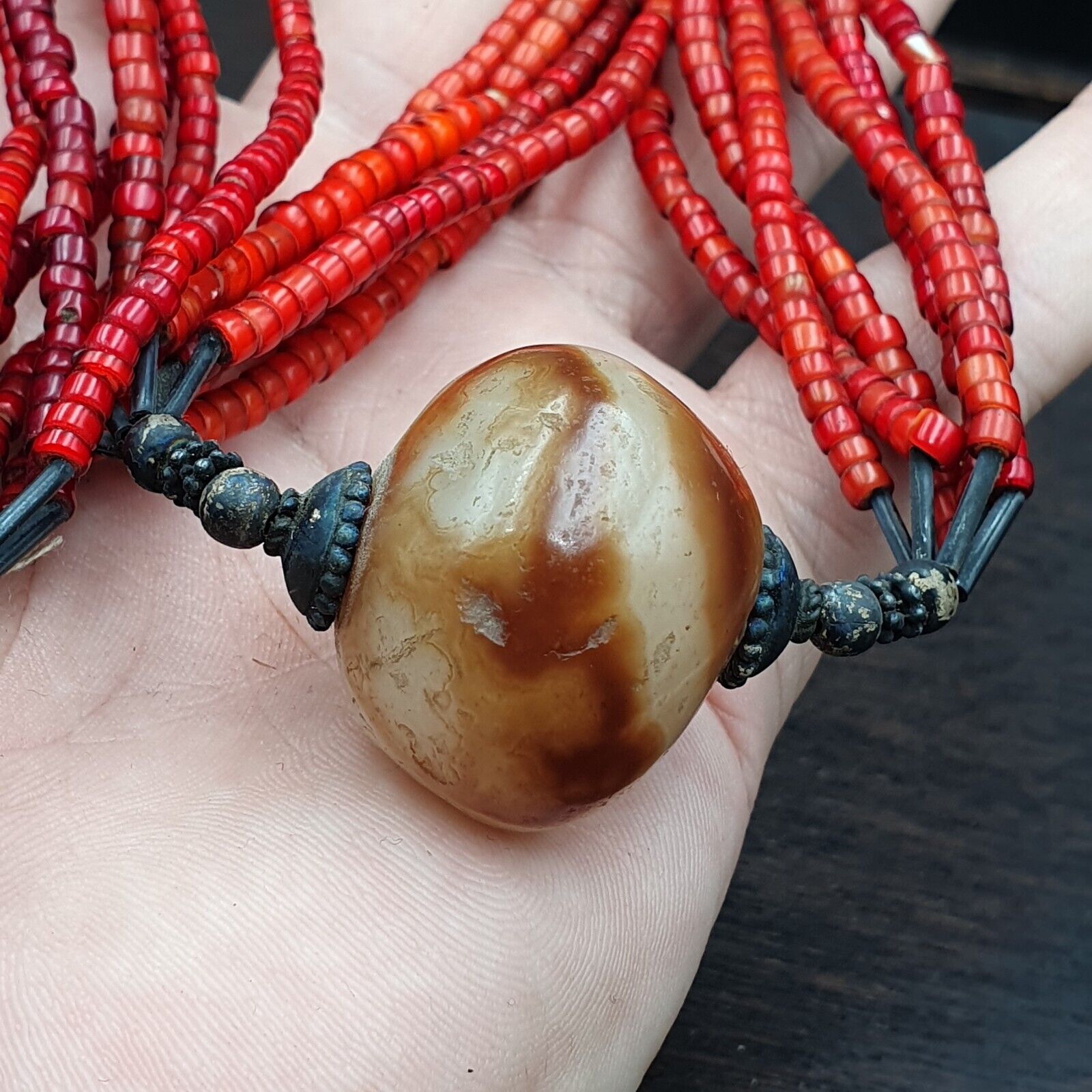 Antique Agate, Venetian Red White Heart Trade Beads Antique Silver Necklace.