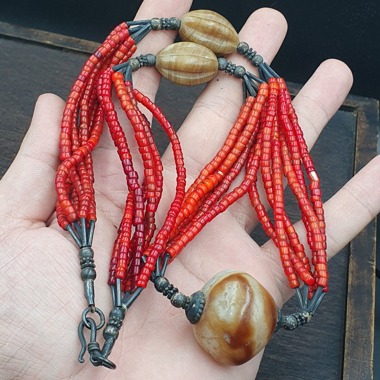 Antique Agate, Venetian Red White Heart Trade Beads Antique Silver Necklace.