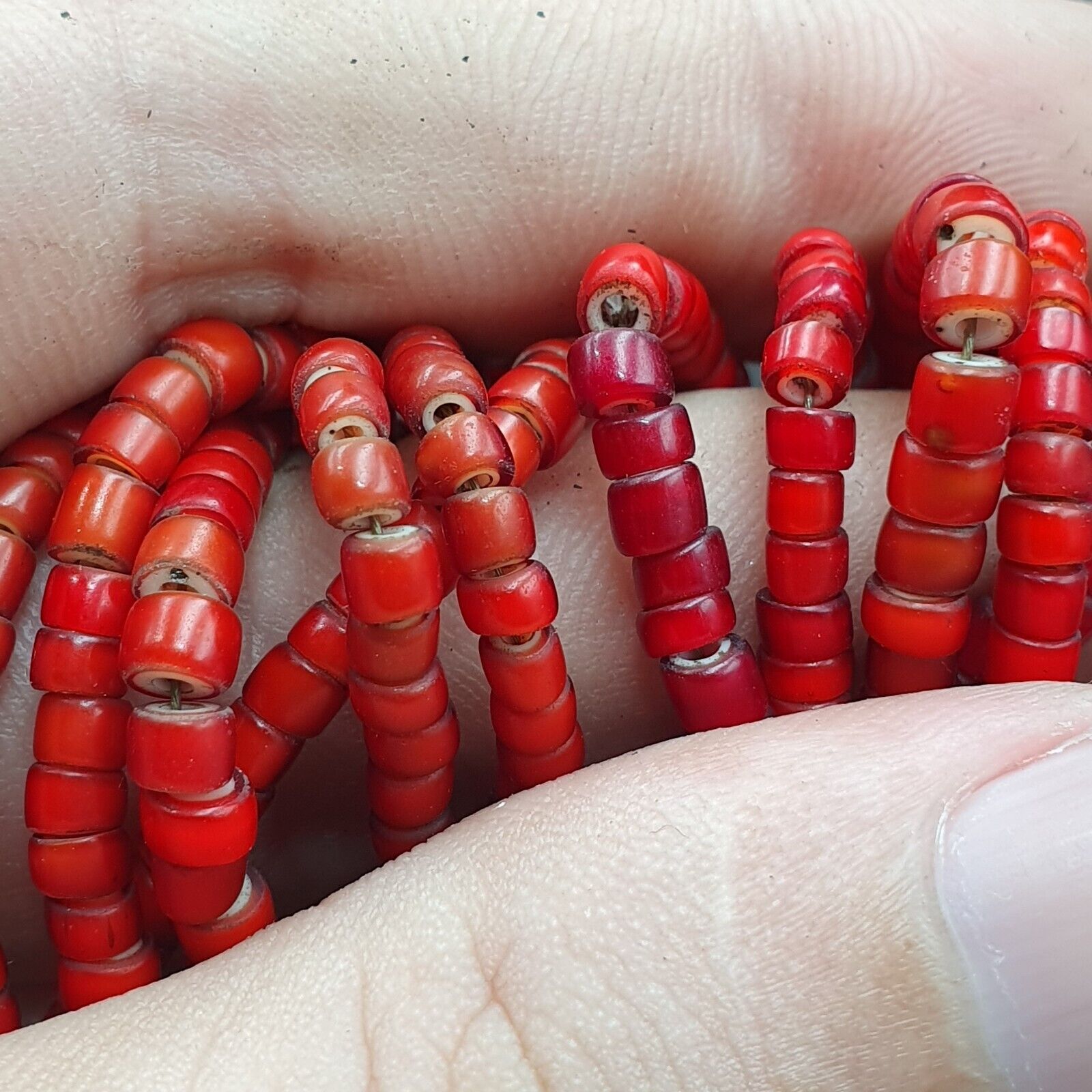 Antique Agate, Venetian Red White Heart Trade Beads Antique Silver Necklace.