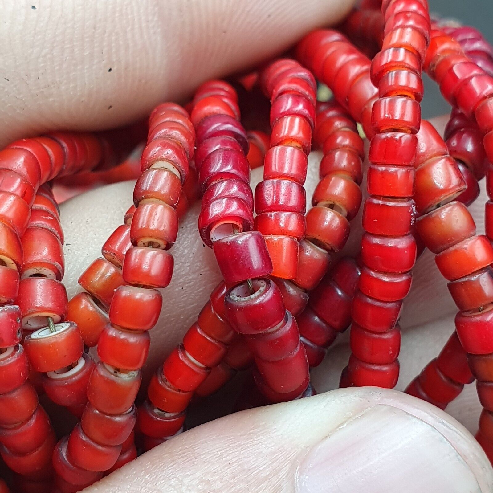 Antique Agate, Venetian Red White Heart Trade Beads Antique Silver Necklace.