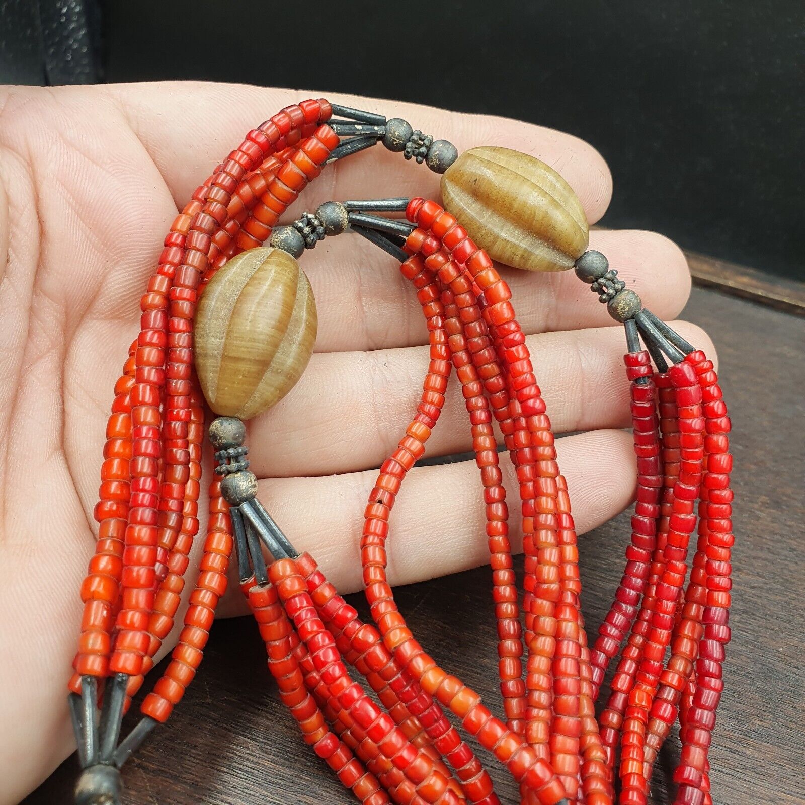 Antique Agate, Venetian Red White Heart Trade Beads Antique Silver Necklace.