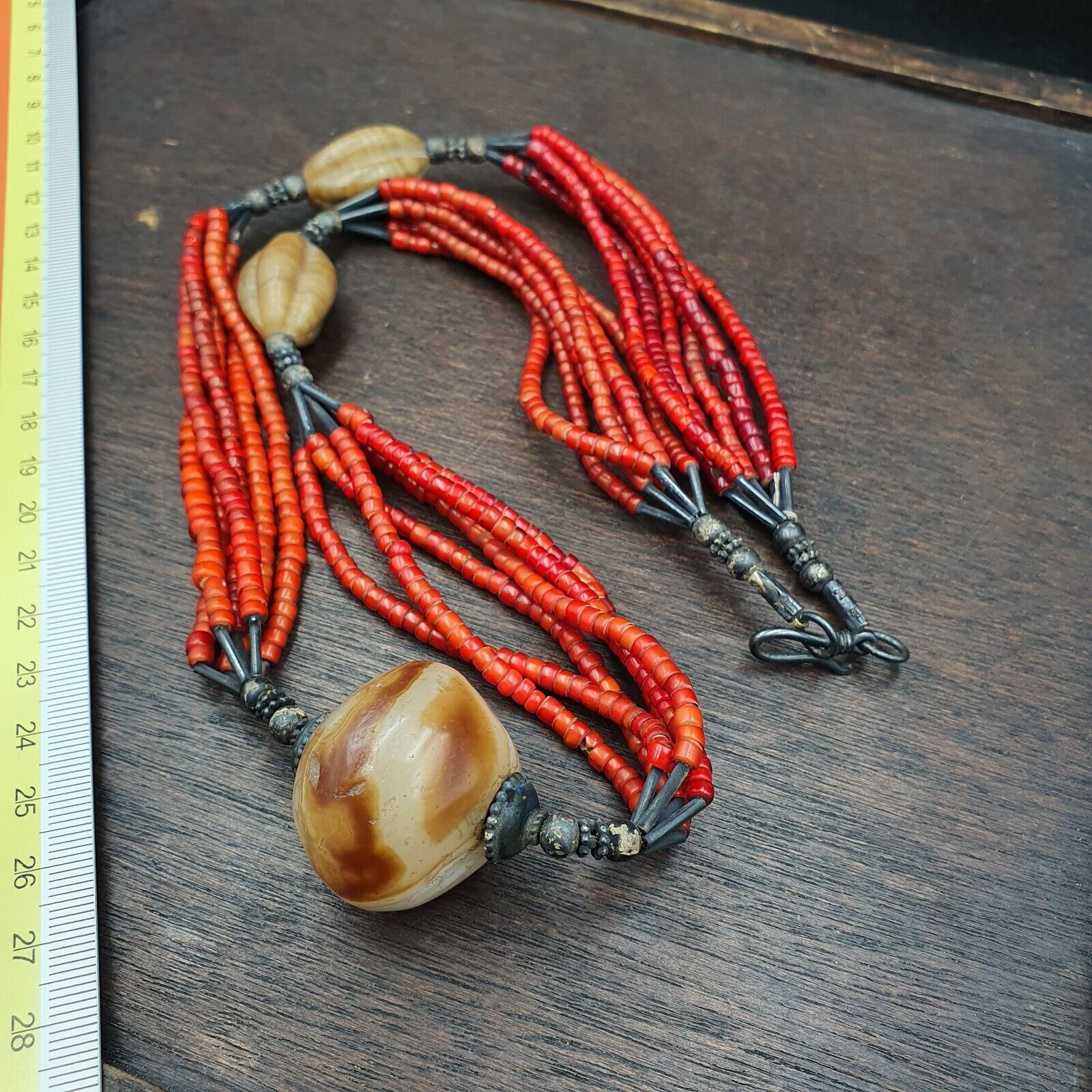 Antique Agate, Venetian Red White Heart Trade Beads Antique Silver Necklace.