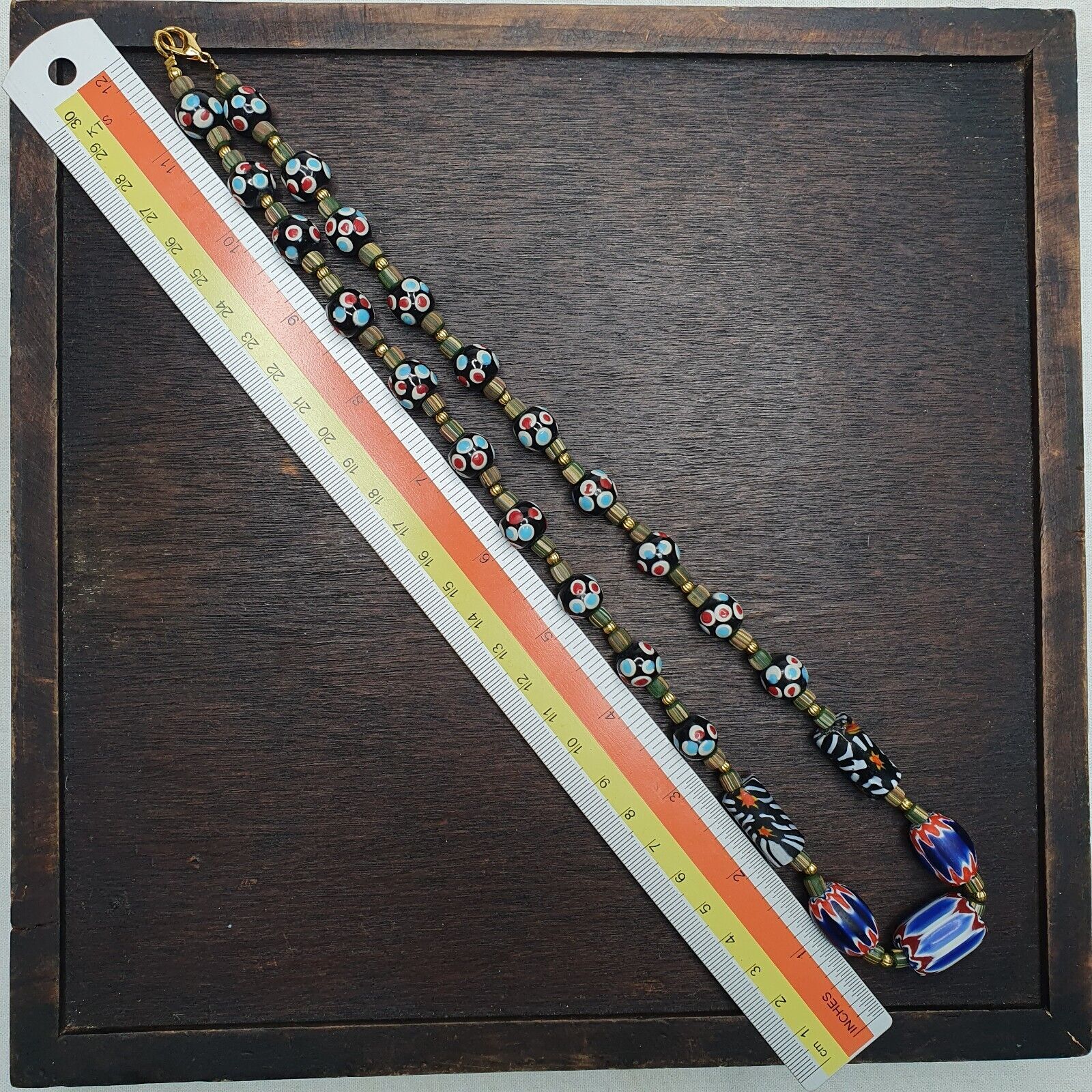 Vintage Venetian Style Chevron Feather Skunk Mix Glass Beads Necklace MX-75
