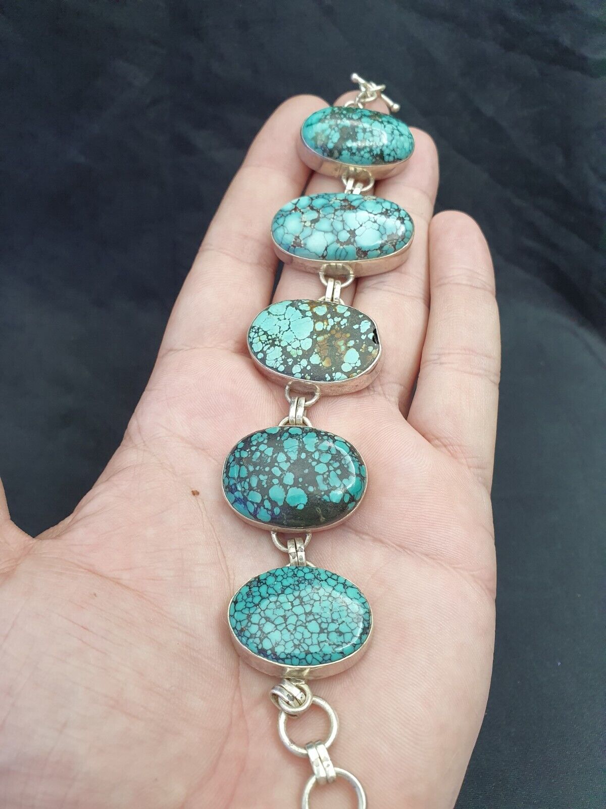 BIG MEN'S VINTAGE Natural Spiderweb USA Turquoise 925 STERLING SILVER BRACELET