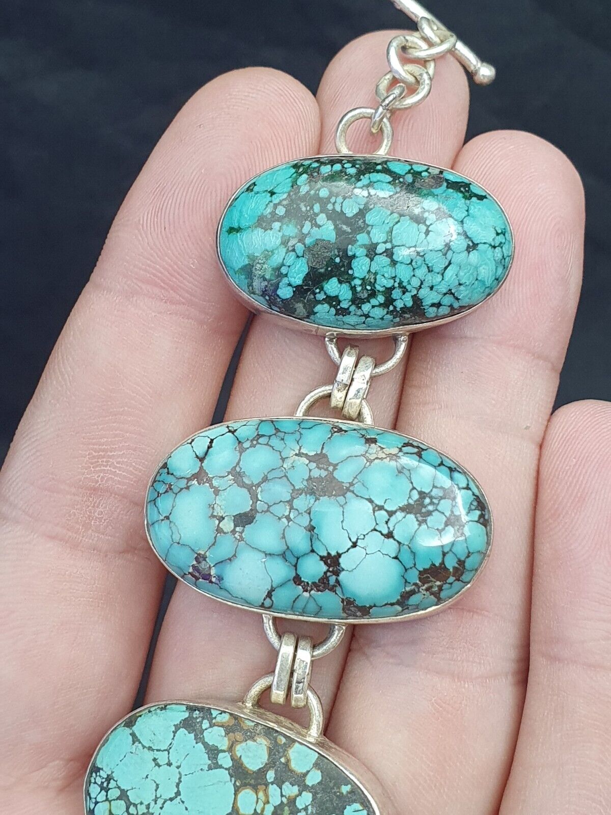 BIG MEN'S VINTAGE Natural Spiderweb USA Turquoise 925 STERLING SILVER BRACELET