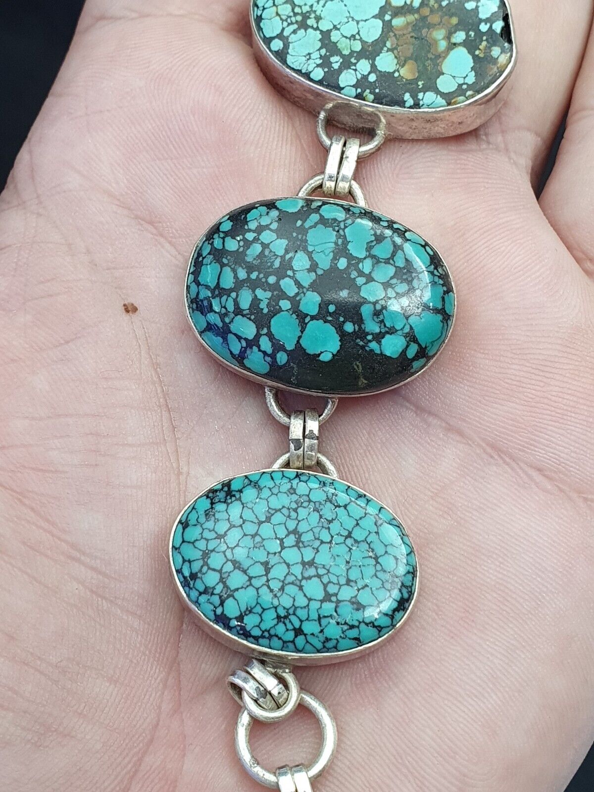 BIG MEN'S VINTAGE Natural Spiderweb USA Turquoise 925 STERLING SILVER BRACELET