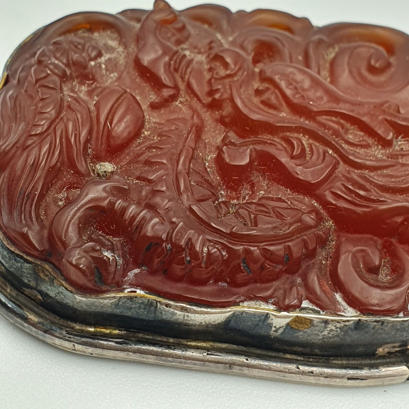 Tibetan Vintage Natural Red Carving Agate Dragon Figurine 925 Silver Pendant