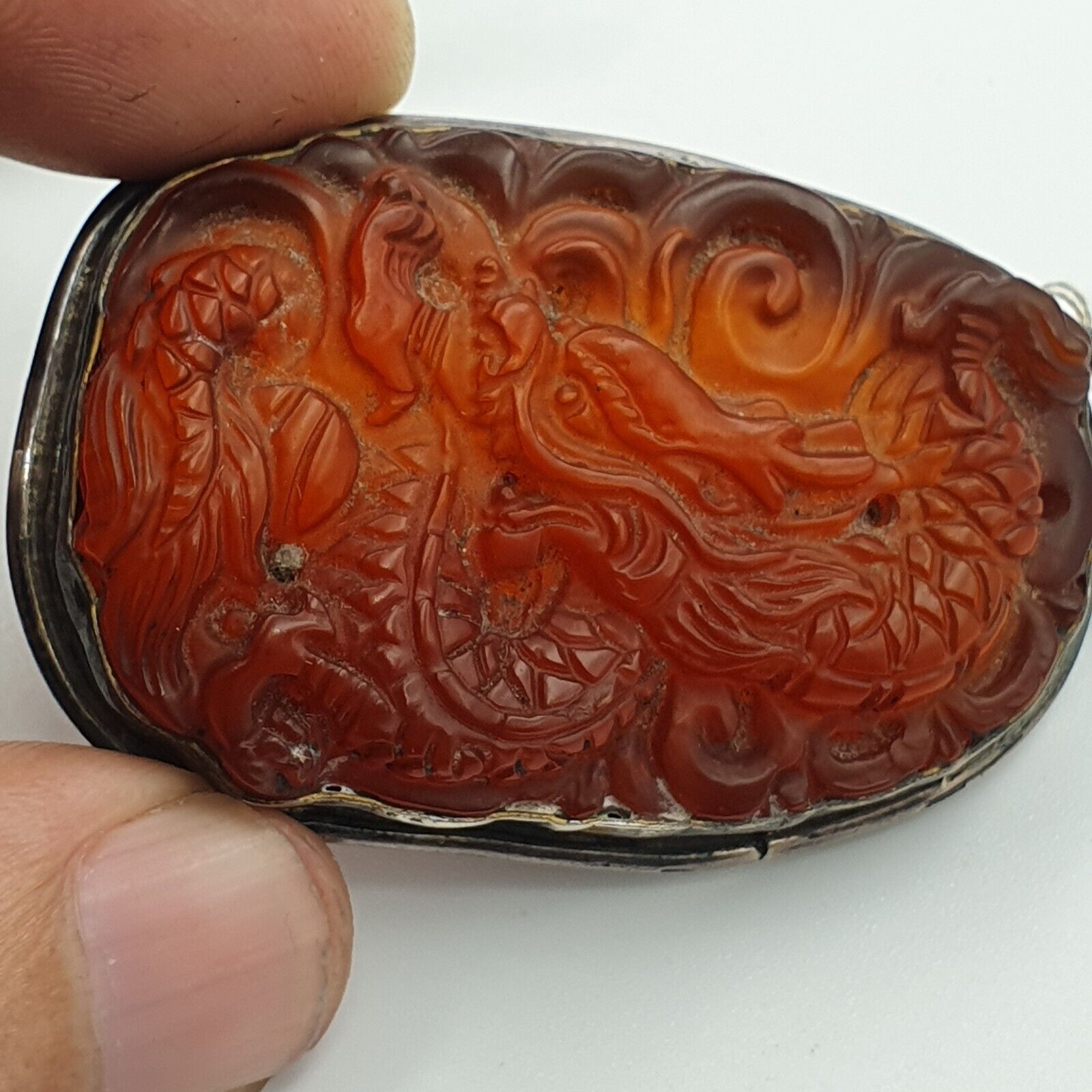 Tibetan Vintage Natural Red Carving Agate Dragon Figurine 925 Silver Pendant