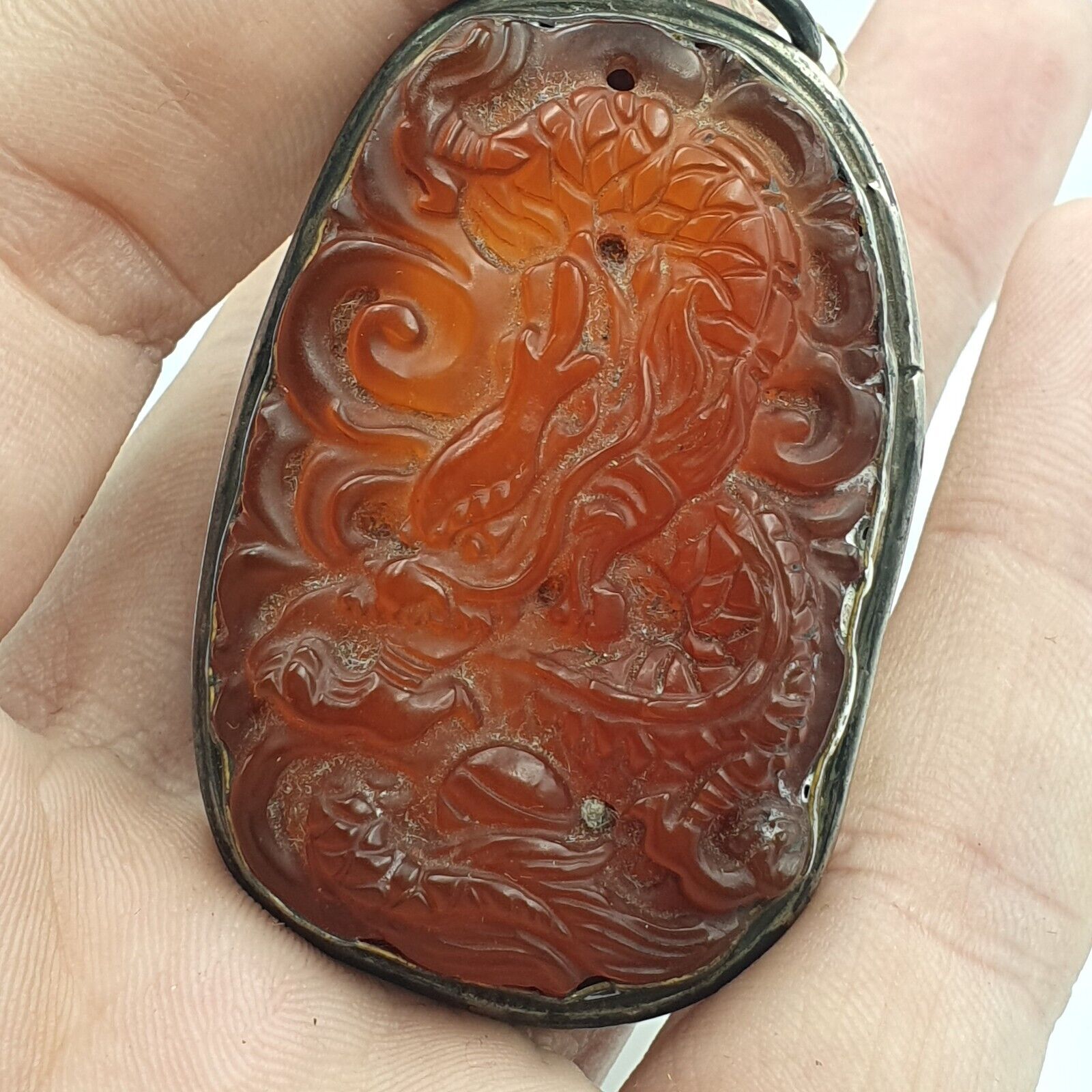 Tibetan Vintage Natural Red Carving Agate Dragon Figurine 925 Silver Pendant