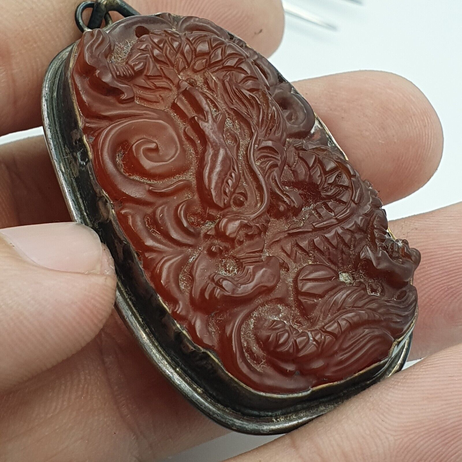 Tibetan Vintage Natural Red Carving Agate Dragon Figurine 925 Silver Pendant
