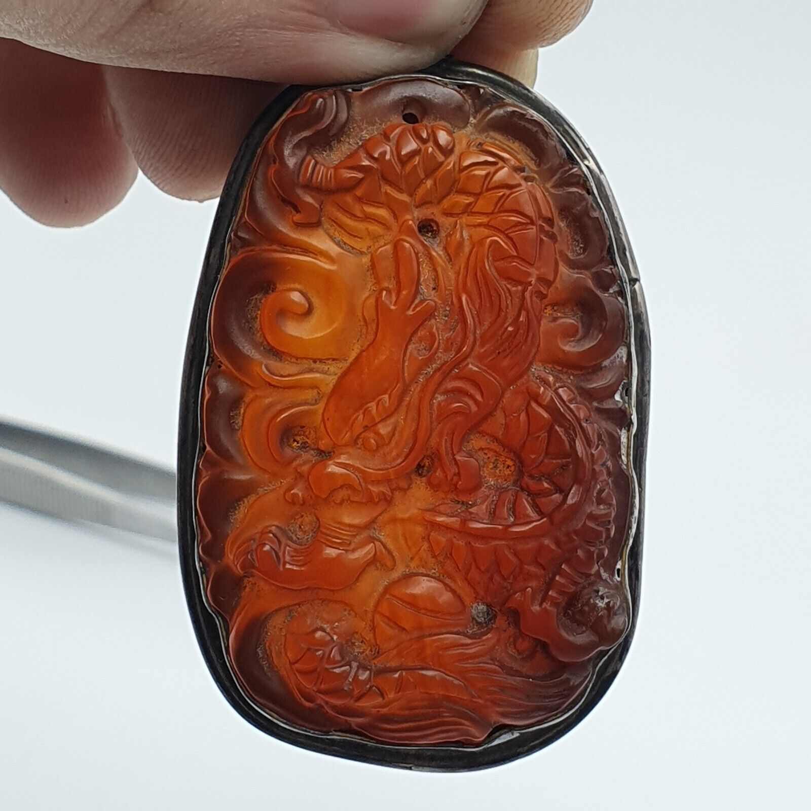 Tibetan Vintage Natural Red Carving Agate Dragon Figurine 925 Silver Pendant