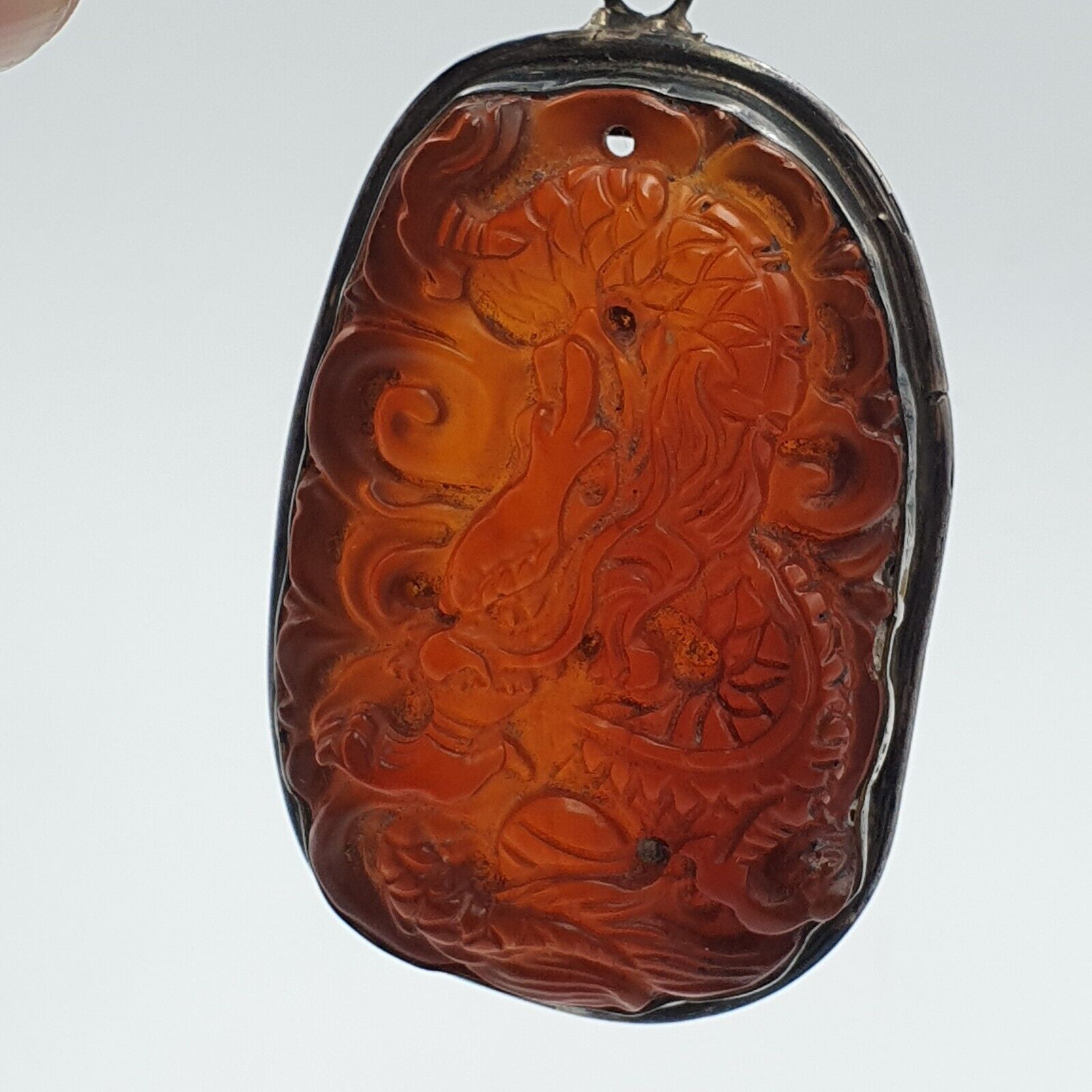 Tibetan Vintage Natural Red Carving Agate Dragon Figurine 925 Silver Pendant