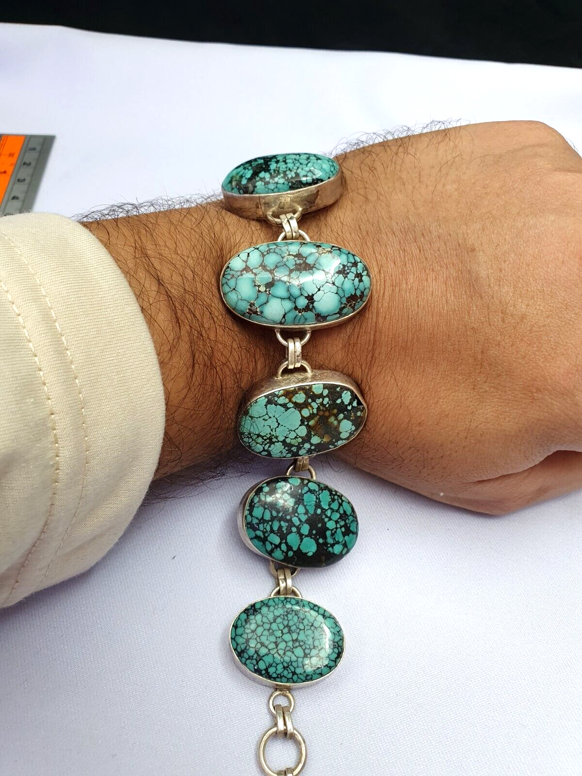 BIG MEN'S VINTAGE Natural Spiderweb USA Turquoise 925 STERLING SILVER BRACELET