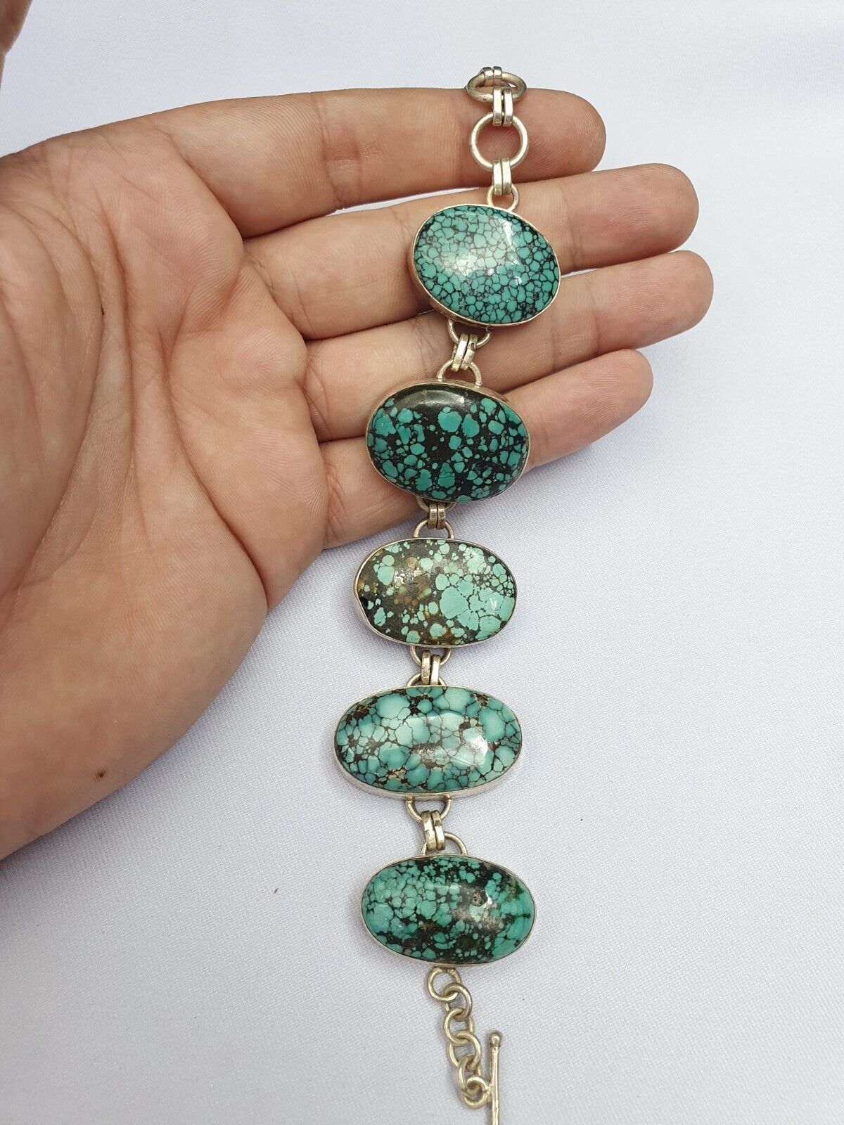 BIG MEN'S VINTAGE Natural Spiderweb USA Turquoise 925 STERLING SILVER BRACELET