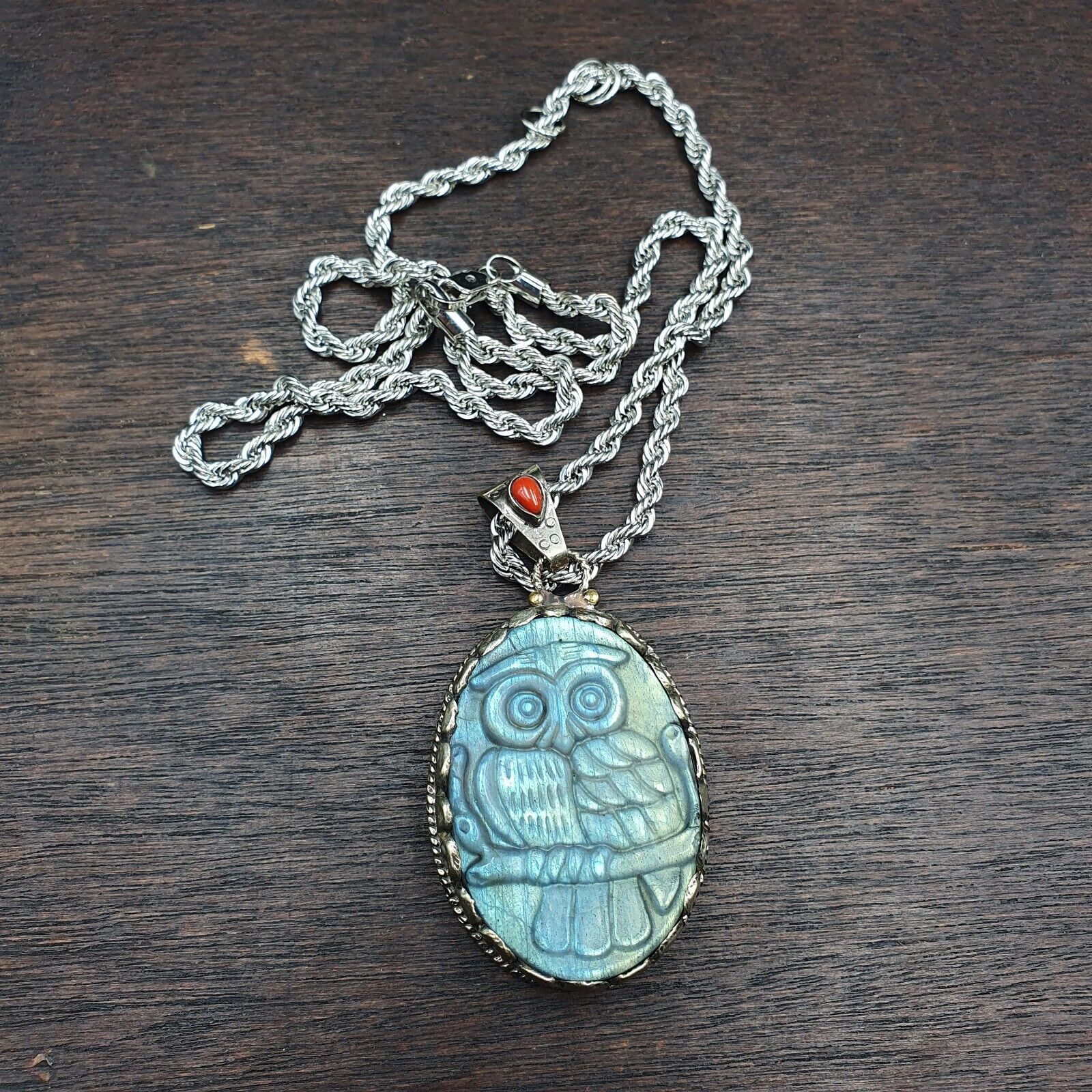 BIG MEN'S VINTAGE Natural Blue Fire Carving Labradorite Owl Figurine Necklace 3