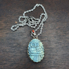 BIG MEN'S VINTAGE Natural Blue Fire Carving Labradorite Owl Figurine Necklace 3