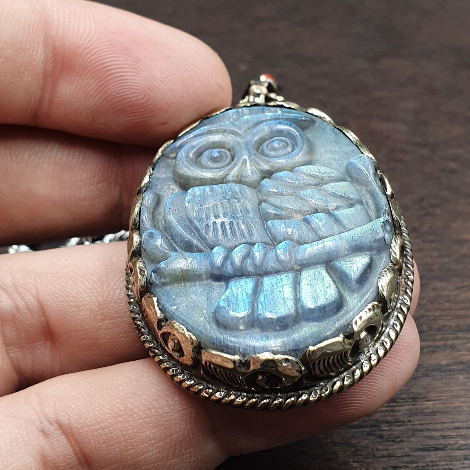BIG MEN'S VINTAGE Natural Blue Fire Carving Labradorite Owl Figurine Necklace 3
