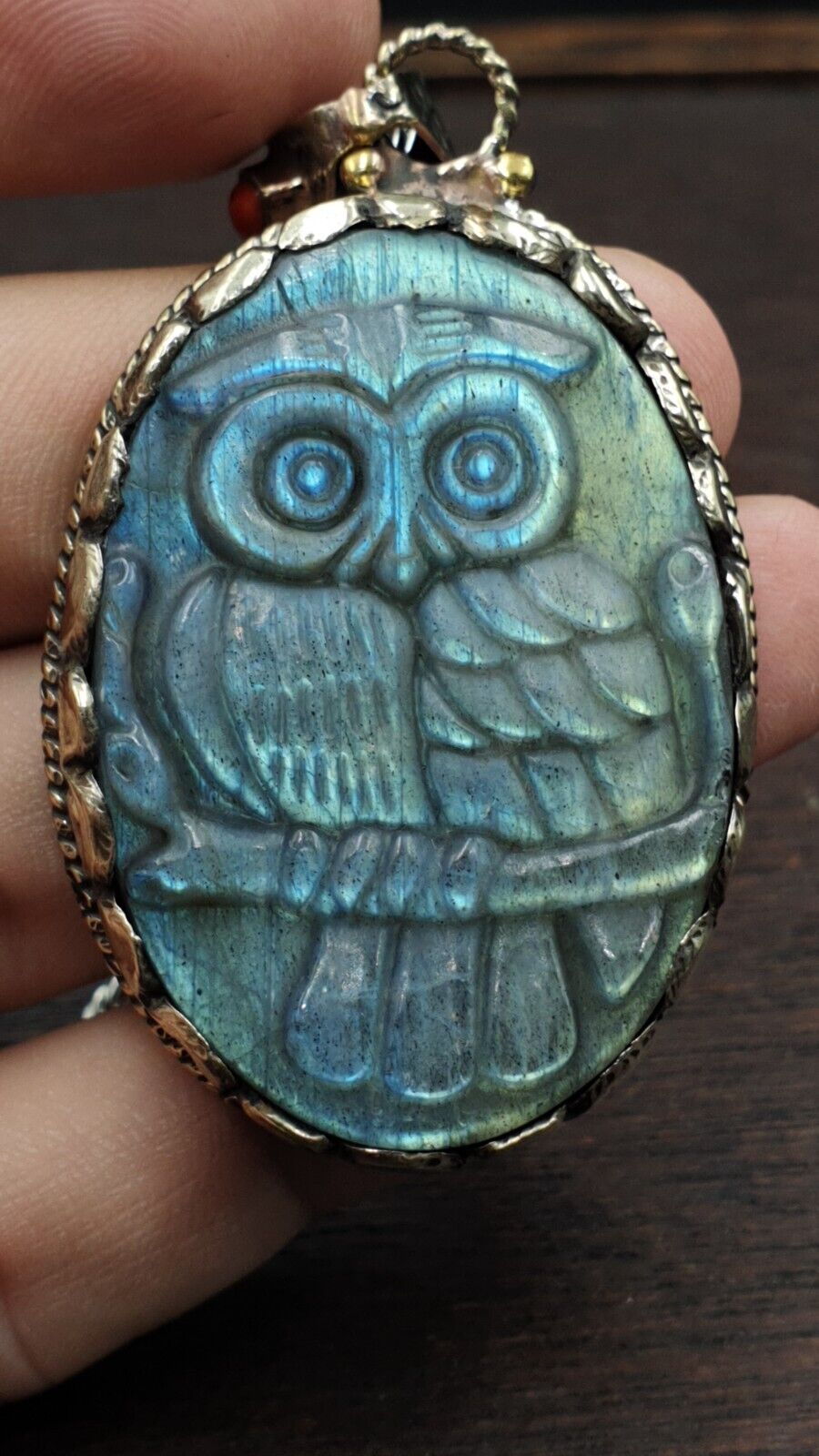 BIG MEN'S VINTAGE Natural Blue Fire Carving Labradorite Owl Figurine Necklace 3