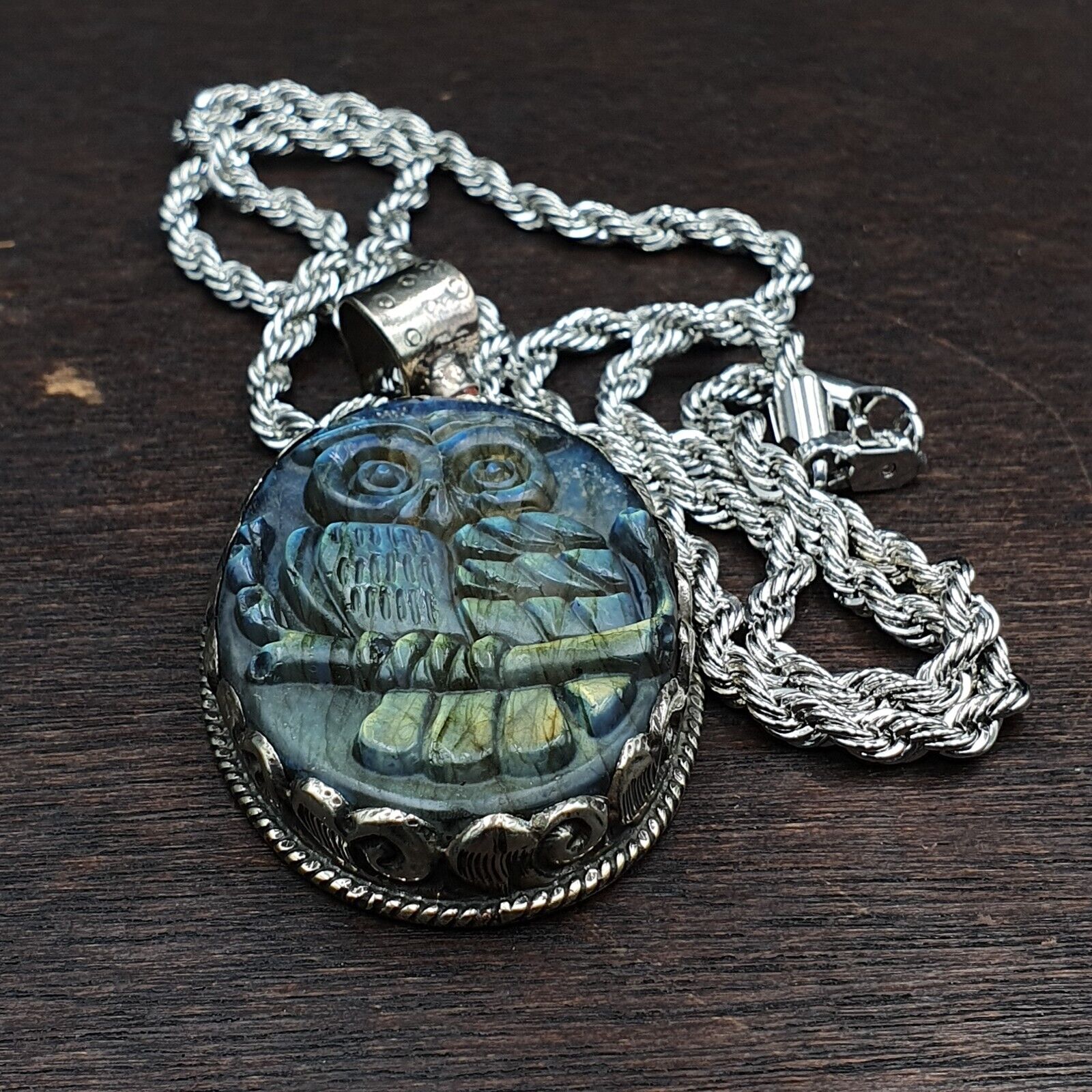 BIG MEN'S VINTAGE Natural Blue Fire Carving Labradorite Owl Figurine Necklace 1