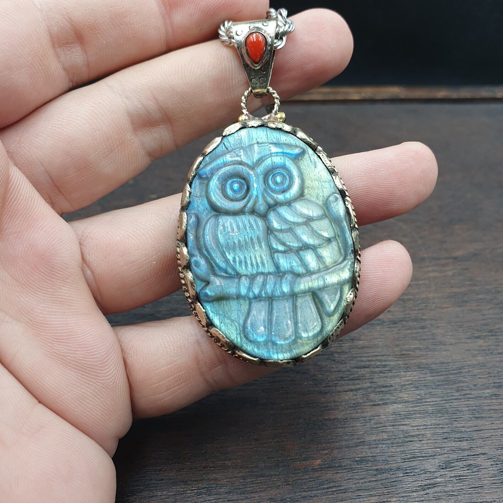 BIG MEN'S VINTAGE Natural Blue Fire Carving Labradorite Owl Figurine Necklace 3