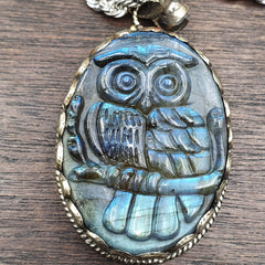 BIG MEN'S VINTAGE Natural Blue Fire Carving Labradorite Owl Figurine Necklace 2