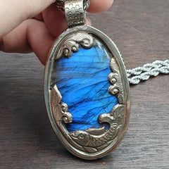 BIG MEN'S VINTAGE Natural Blue Fire Labradorite Mix SILVER Pendant Necklace
