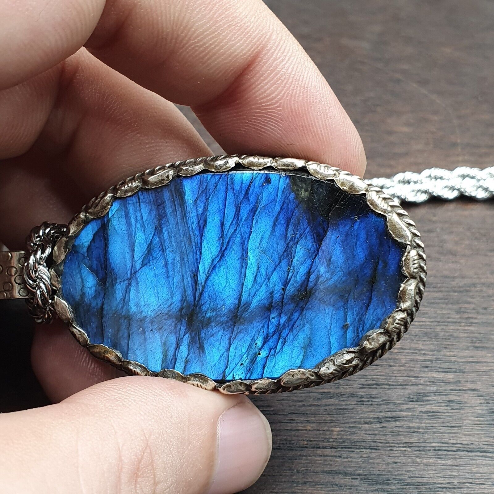 BIG MEN'S VINTAGE Natural Blue Fire Labradorite Mix SILVER Pendant Necklace