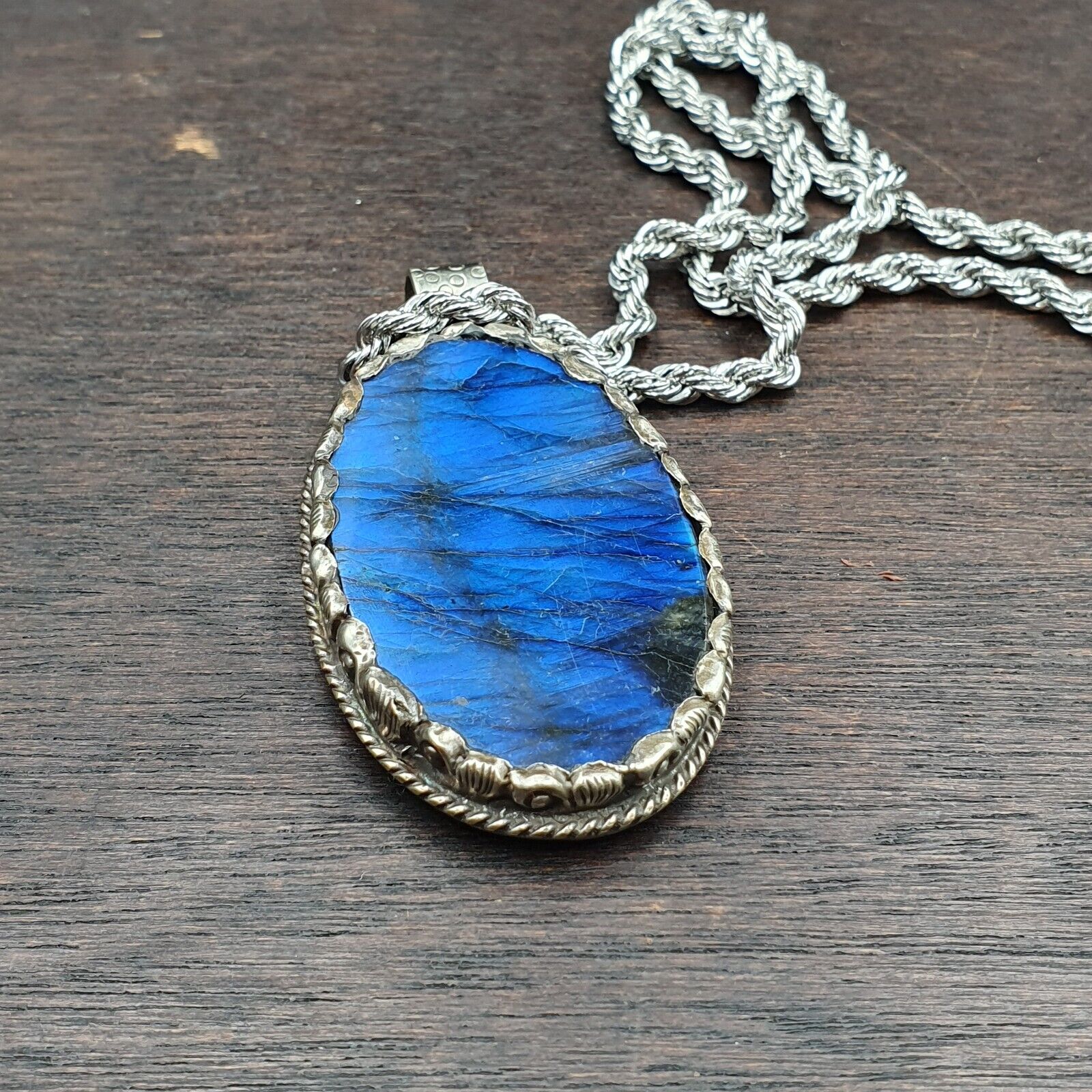 BIG MEN'S VINTAGE Natural Blue Fire Labradorite Mix SILVER Pendant Necklace