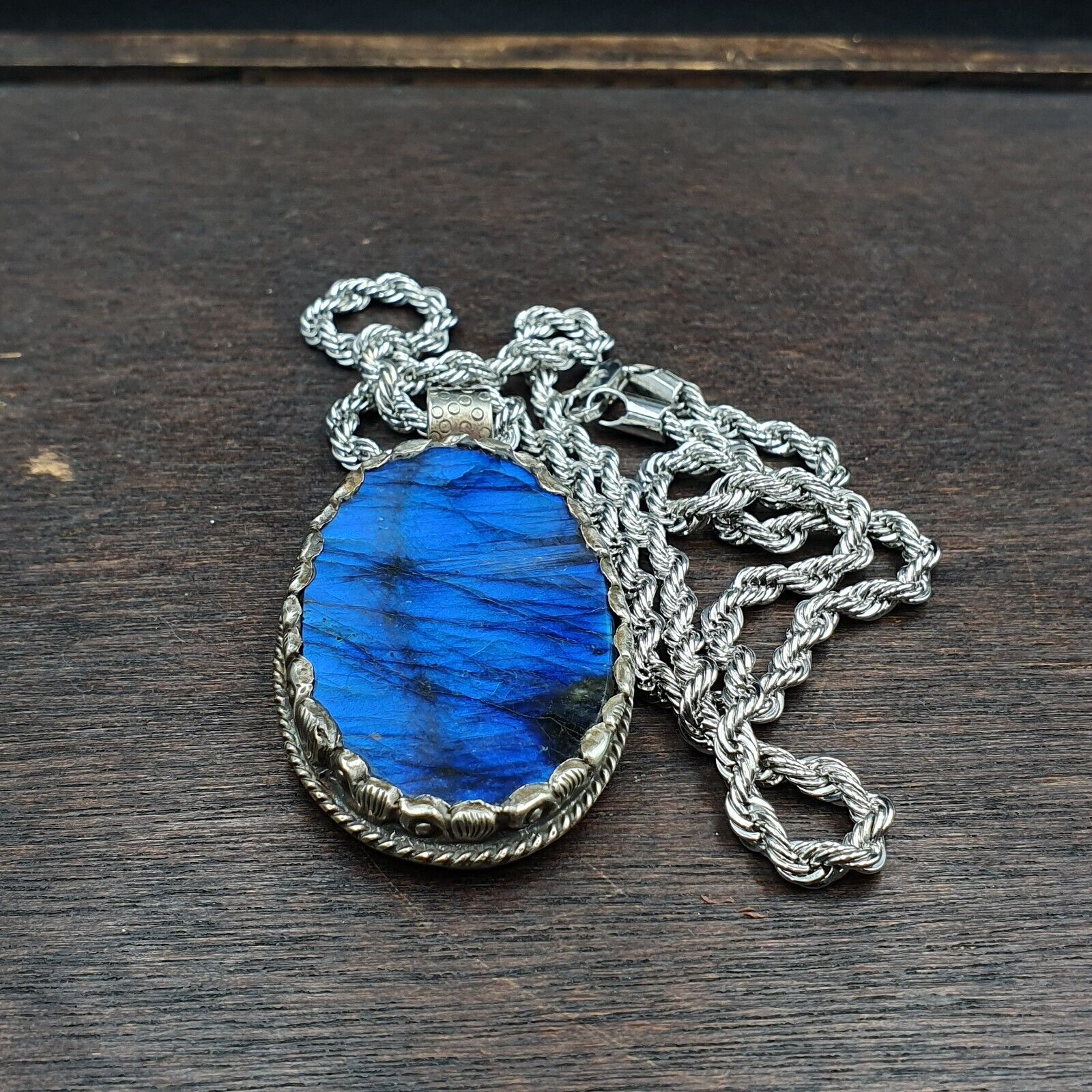 BIG MEN'S VINTAGE Natural Blue Fire Labradorite Mix SILVER Pendant Necklace