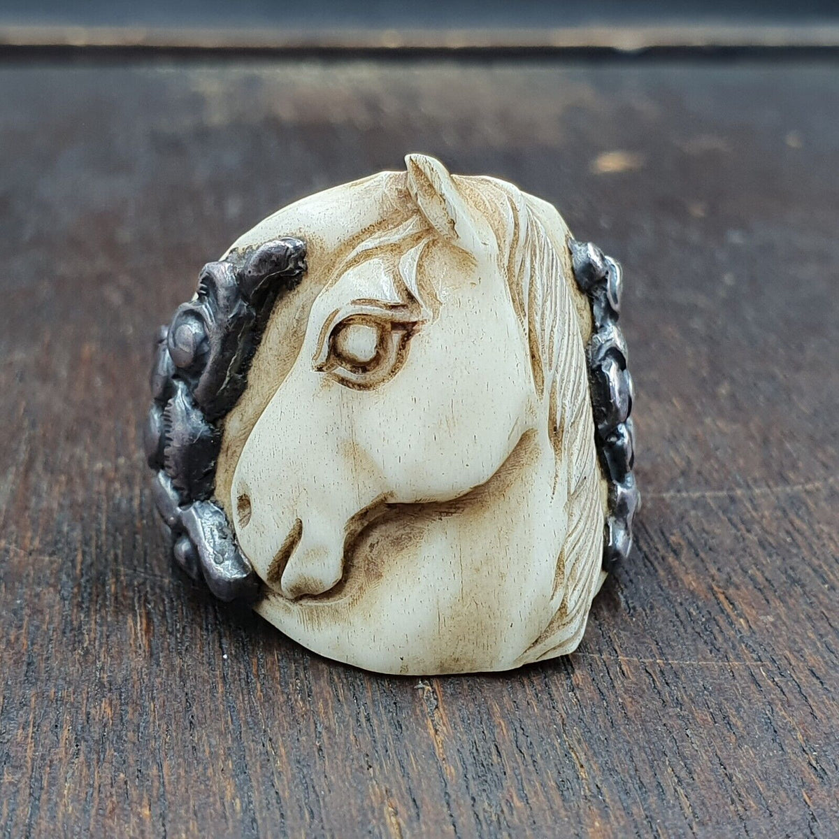 Antique Cowboy Hand carving Horse Head 925 Sterling Silver Ring