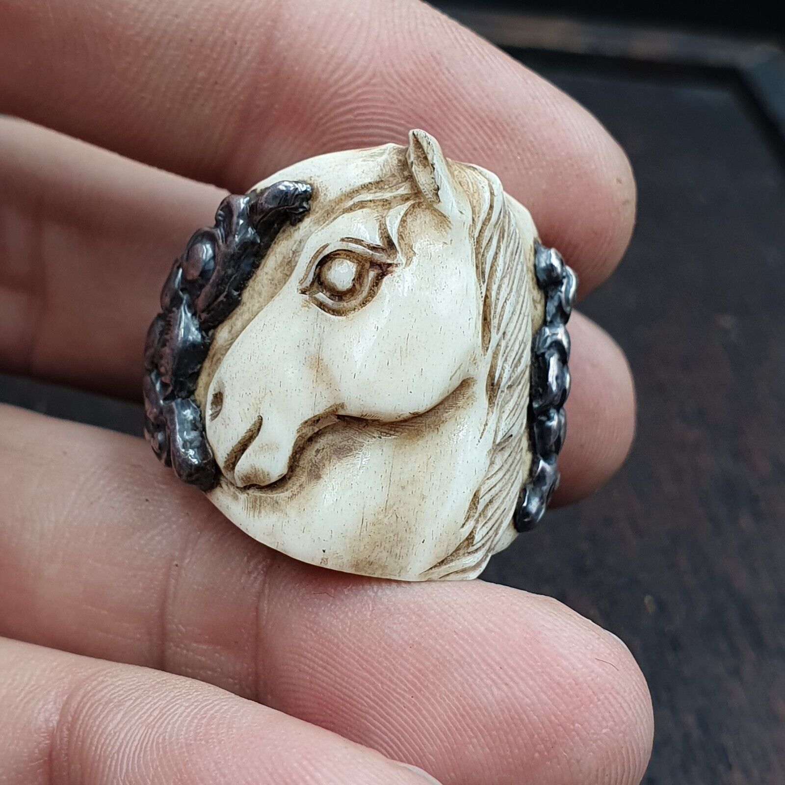 Antique Cowboy Hand carving Horse Head 925 Sterling Silver Ring