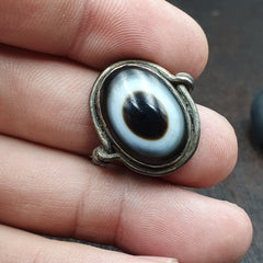 Antique Tibetan Luk Mik Eye Agate Stone 925 Sterling Silver Ring