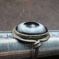 Antique Tibetan Luk Mik Eye Agate Stone 925 Sterling Silver Ring