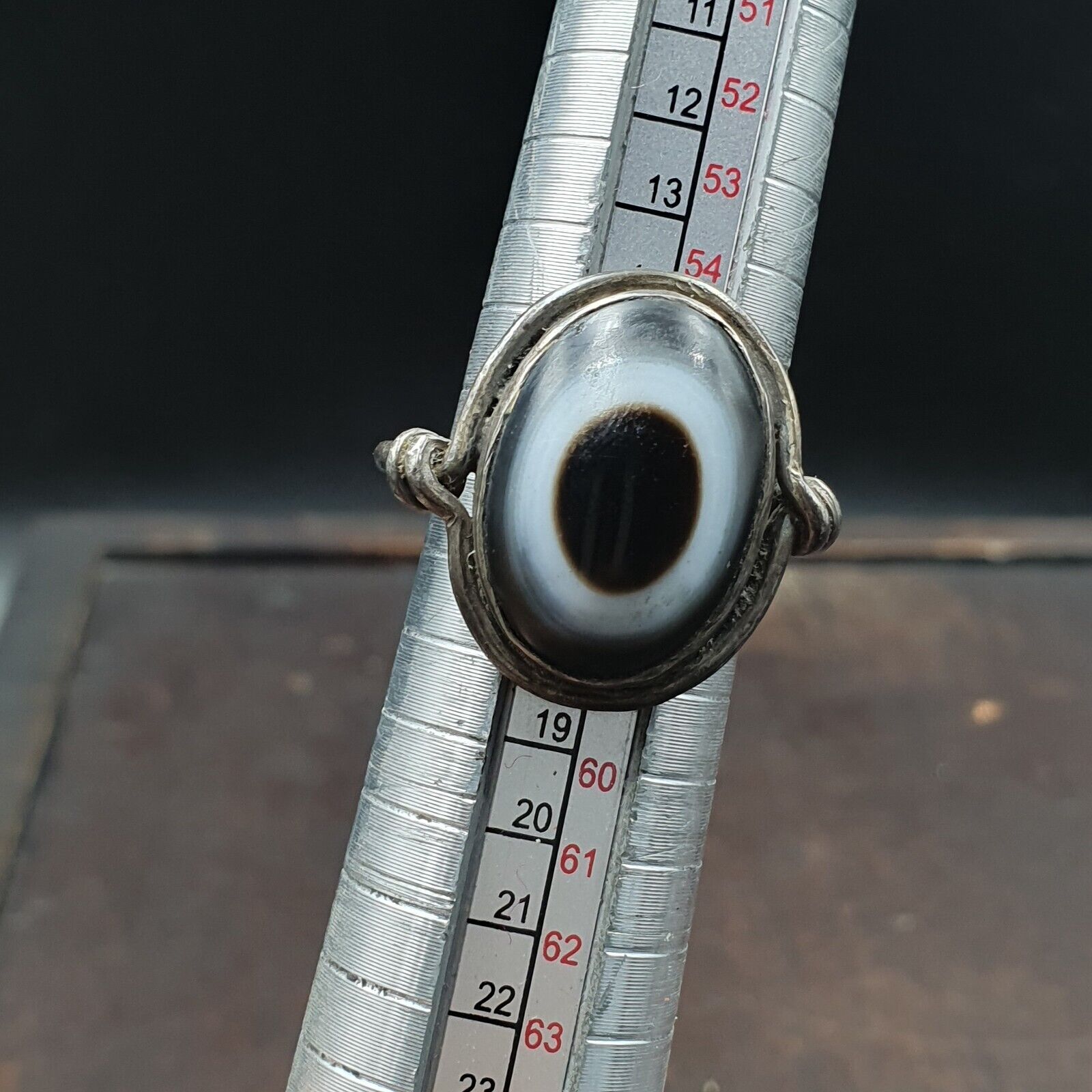 Antique Tibetan Luk Mik Eye Agate Stone 925 Sterling Silver Ring