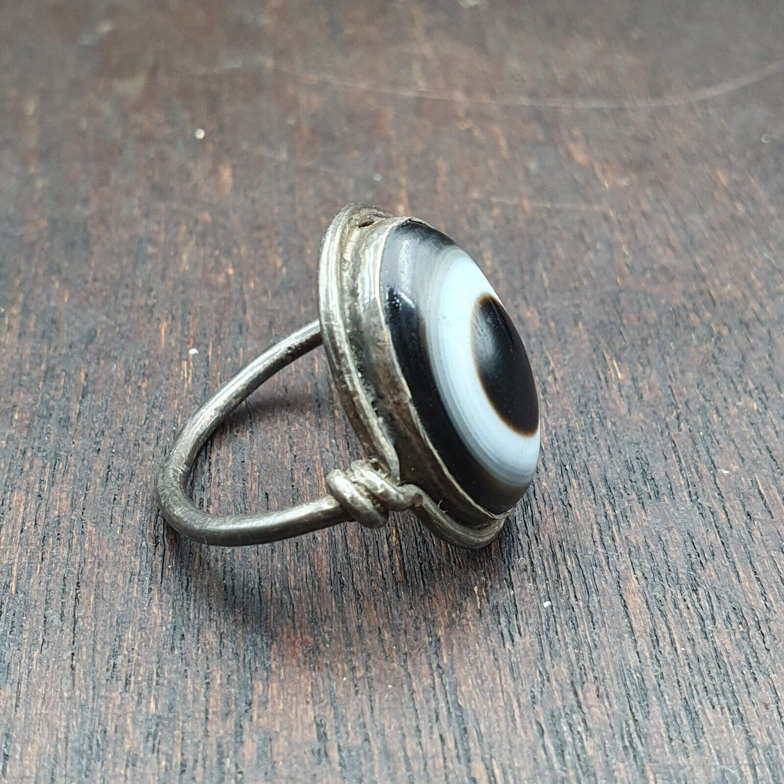 Antique Tibetan Luk Mik Eye Agate Stone 925 Sterling Silver Ring