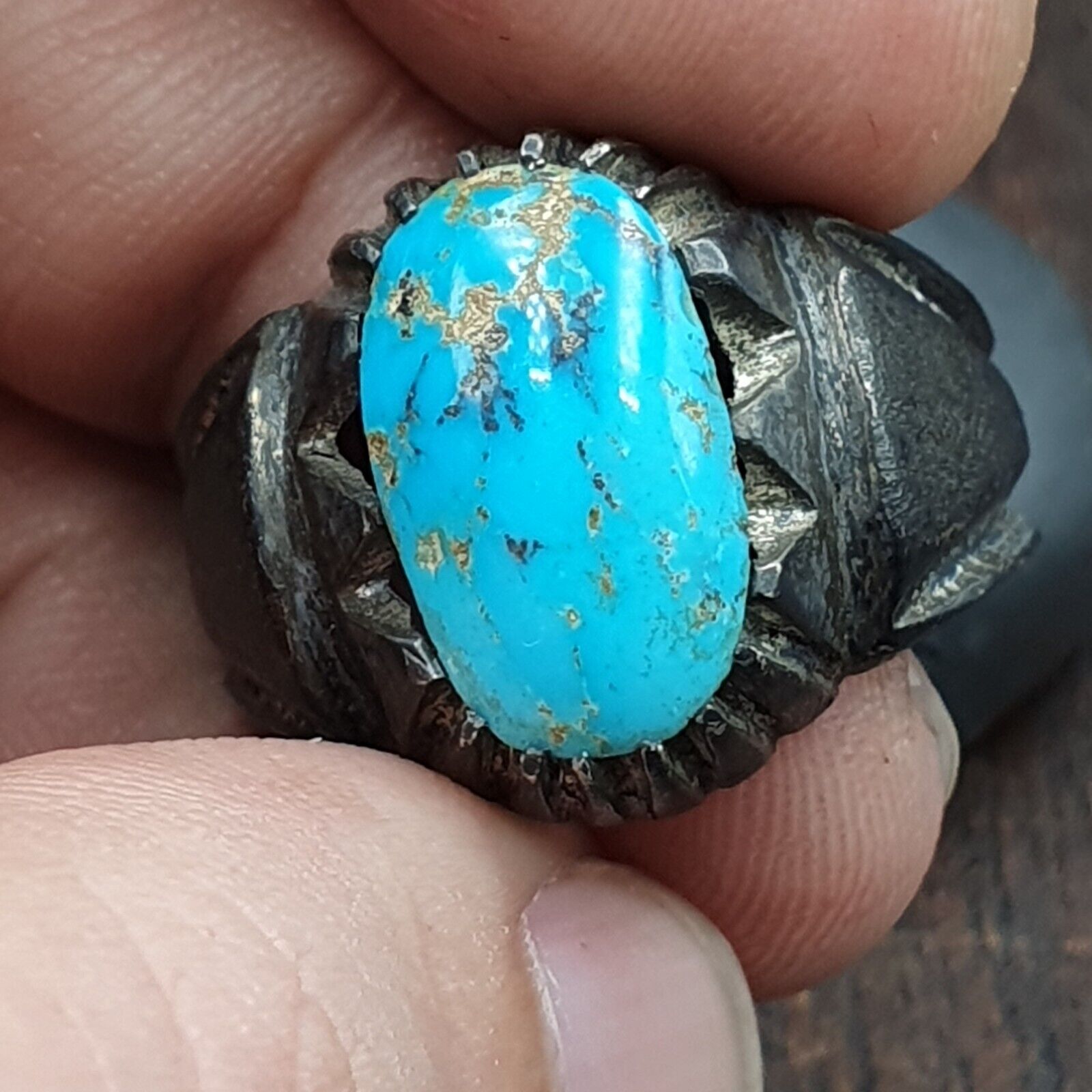 Antique Beautiful Natural Blue Turquoise 925 Sterling Silver Ring