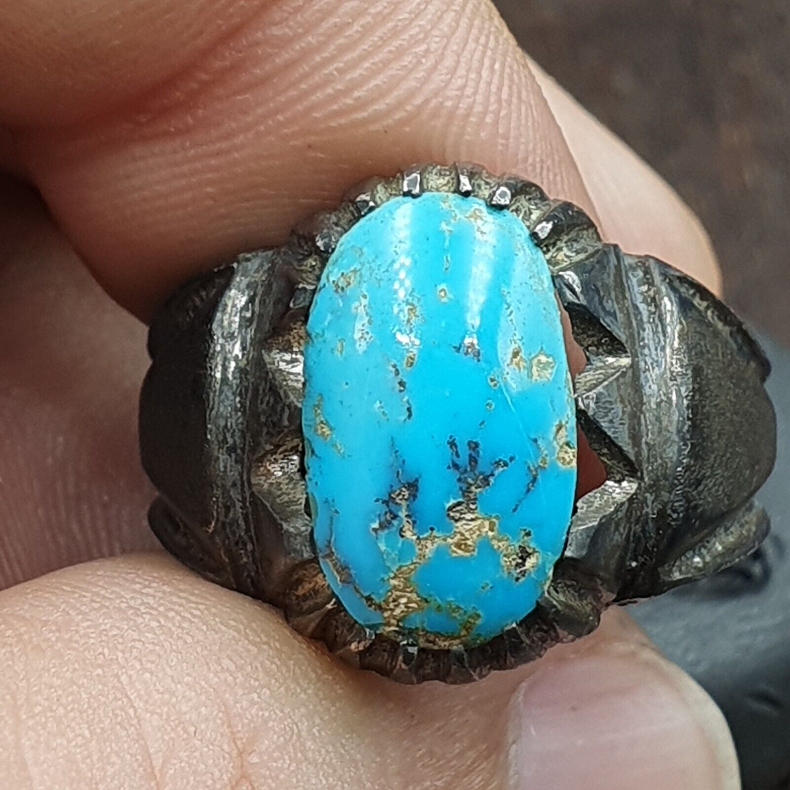 Antique Beautiful Natural Blue Turquoise 925 Sterling Silver Ring