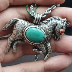 BIG MEN'S VINTAGE Natural Turquois 925 SILVER Horse Shape Pendant Necklace