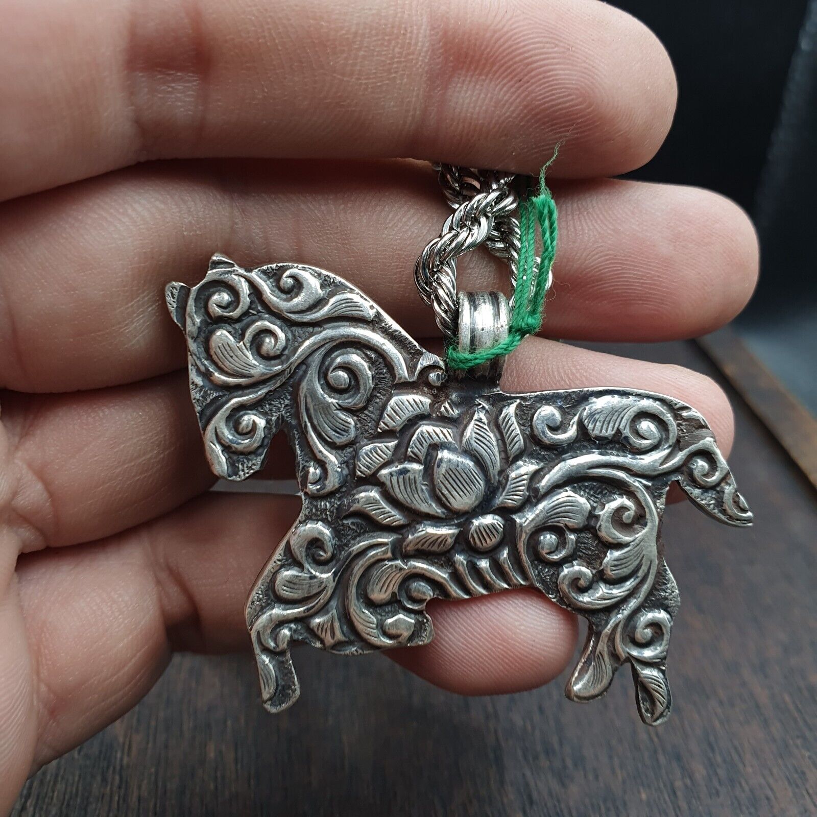 BIG MEN'S VINTAGE Natural Turquois 925 SILVER Horse Shape Pendant Necklace