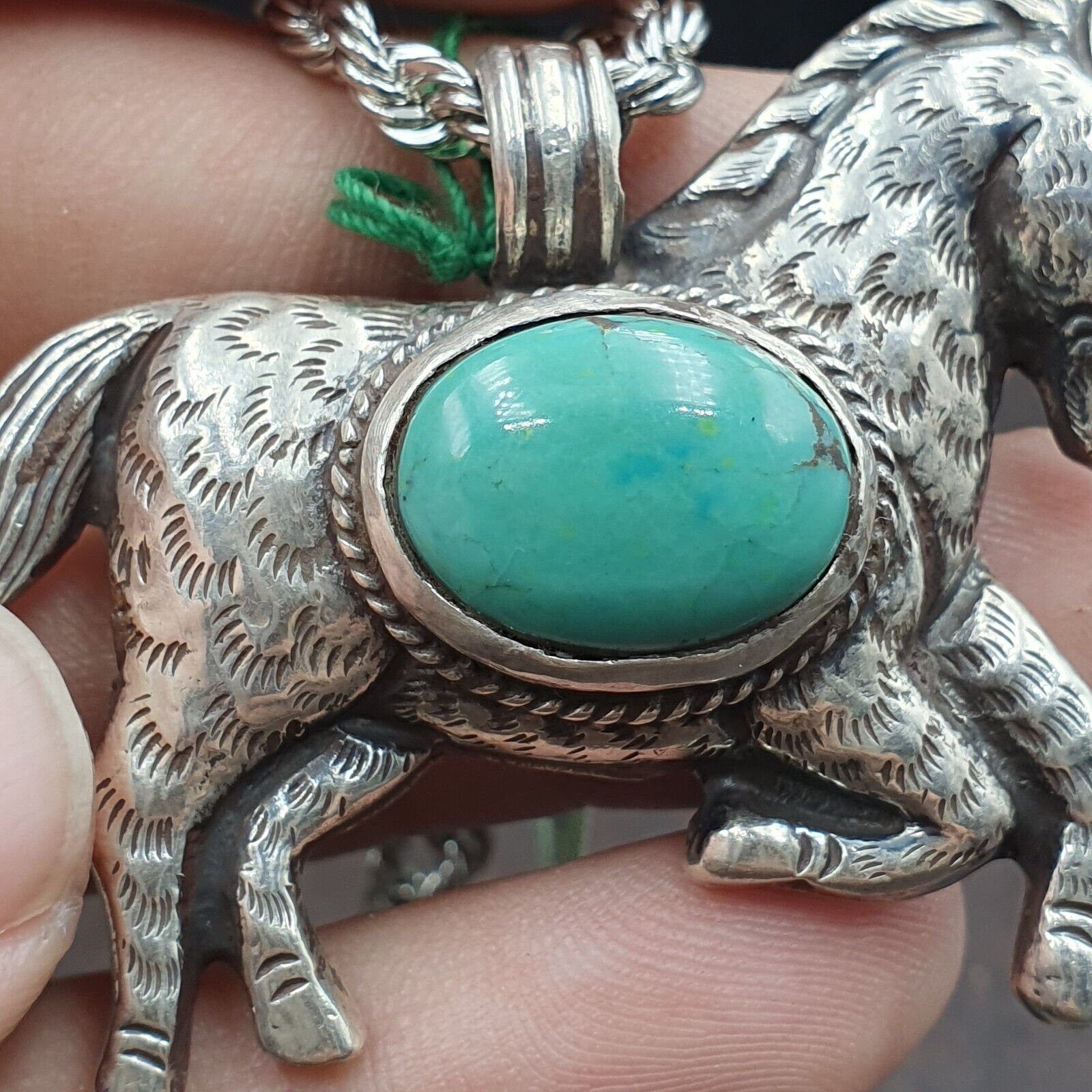 BIG MEN'S VINTAGE Natural Turquois 925 SILVER Horse Shape Pendant Necklace