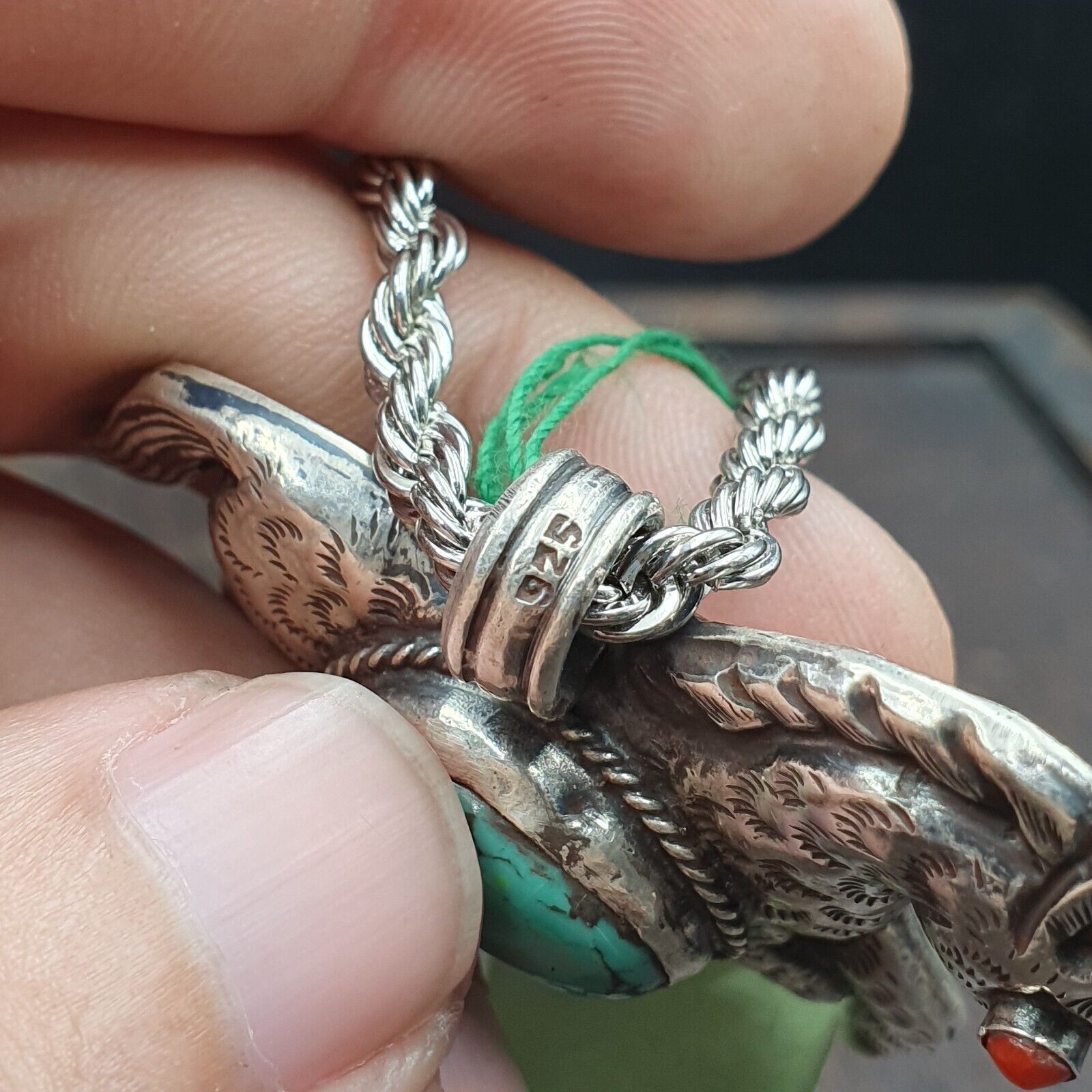 BIG MEN'S VINTAGE Natural Turquois 925 SILVER Horse Shape Pendant Necklace
