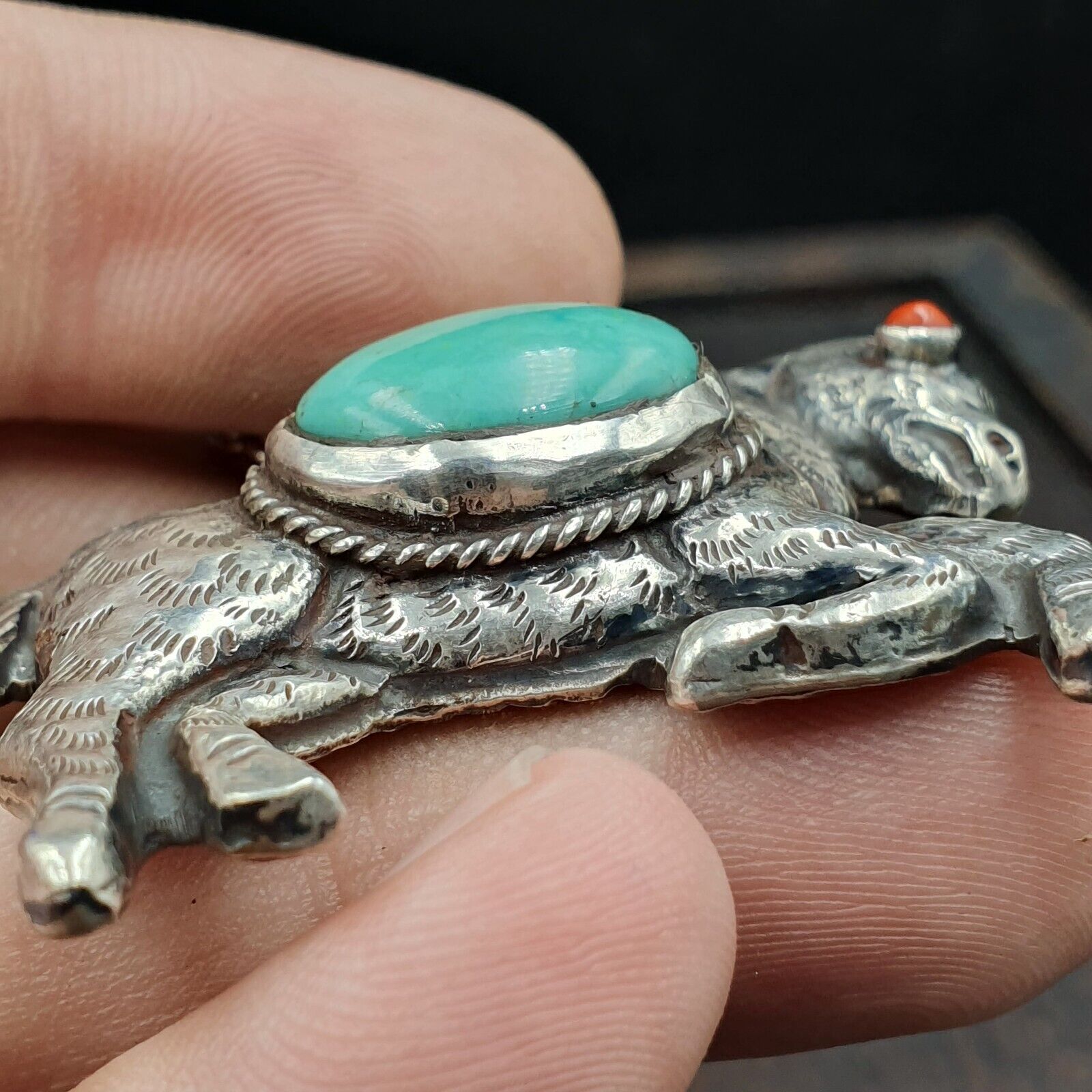 BIG MEN'S VINTAGE Natural Turquois 925 SILVER Horse Shape Pendant Necklace