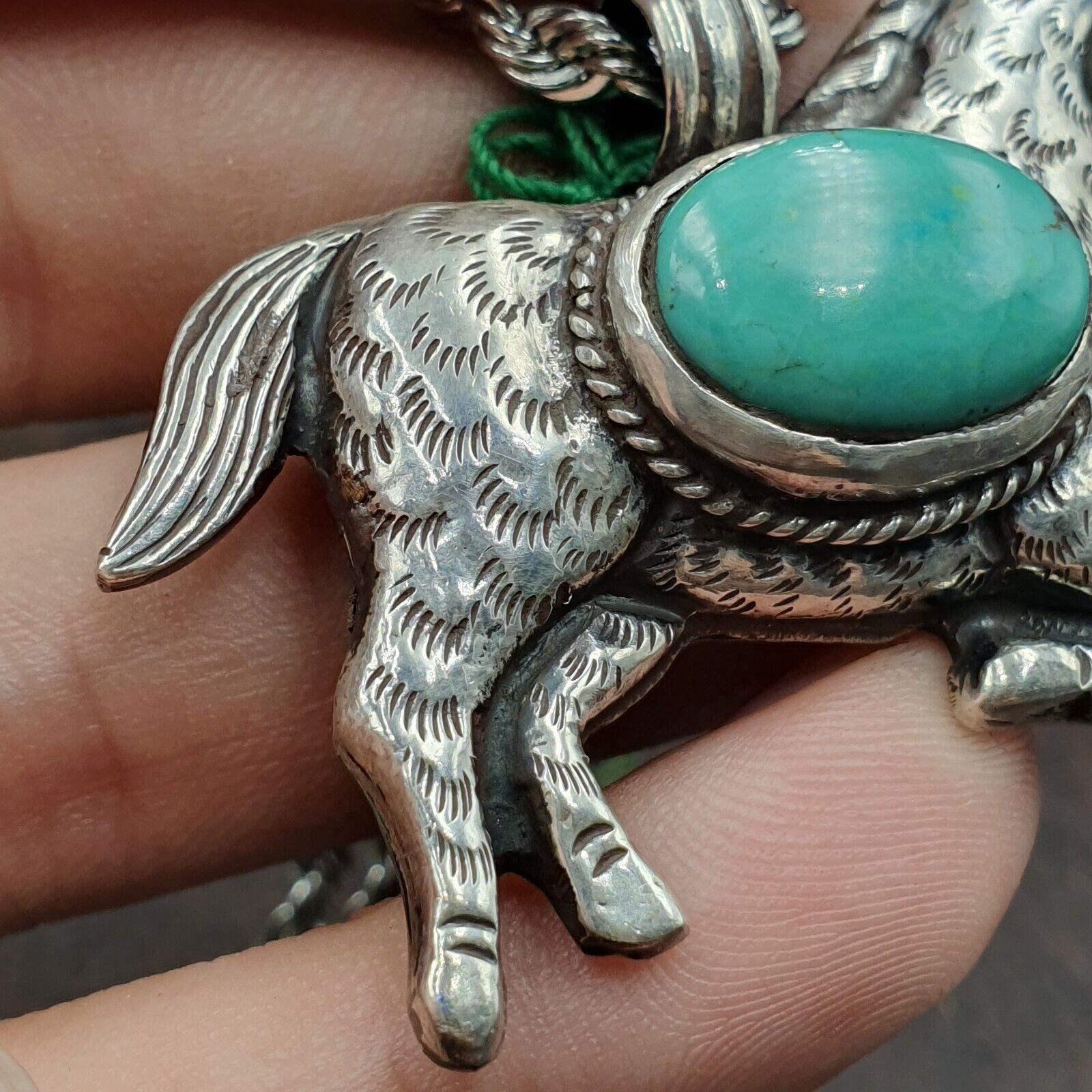 BIG MEN'S VINTAGE Natural Turquois 925 SILVER Horse Shape Pendant Necklace