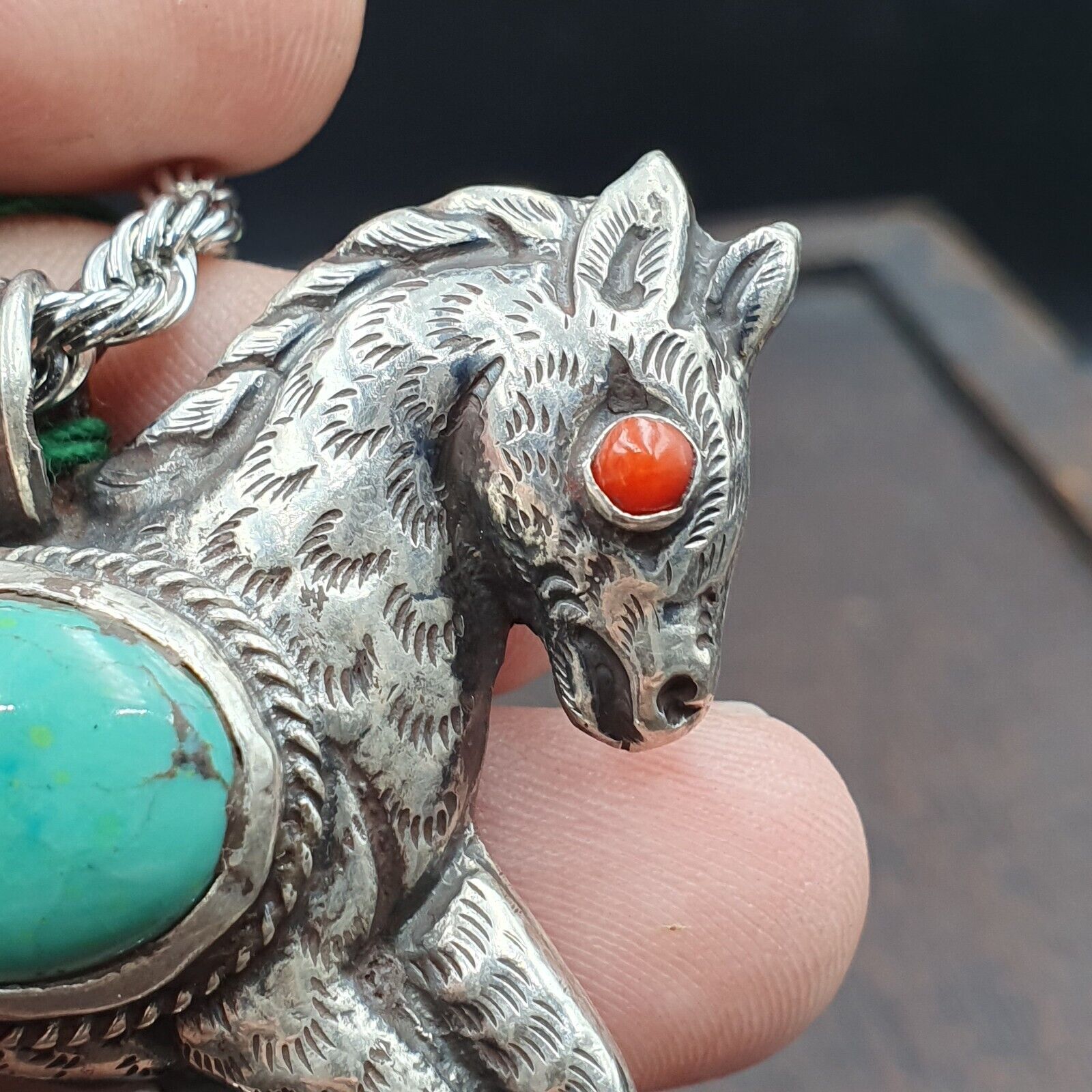 BIG MEN'S VINTAGE Natural Turquois 925 SILVER Horse Shape Pendant Necklace
