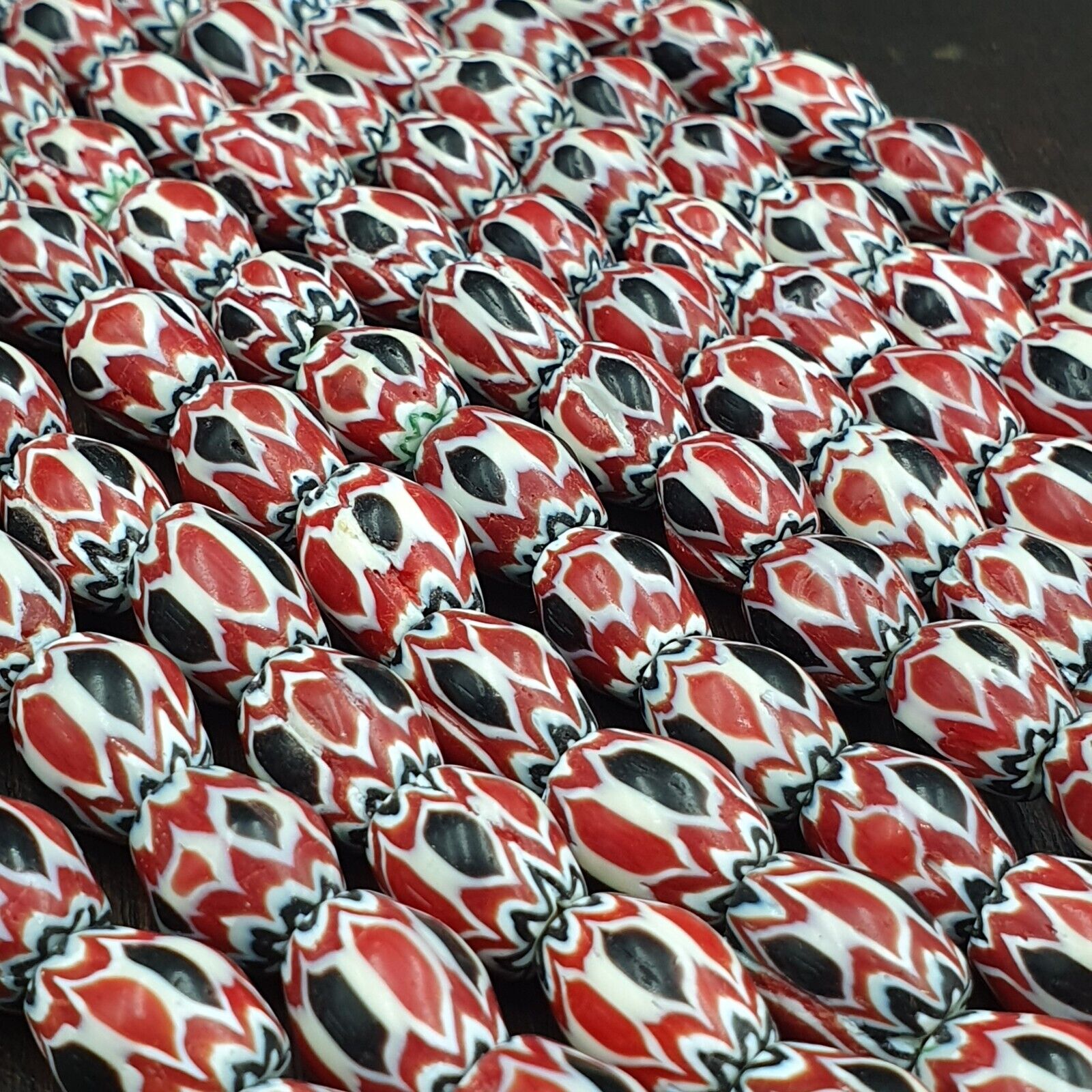 Vintage Venetian African Style Red Glass Chevron Beads Long Strand 10x13mm