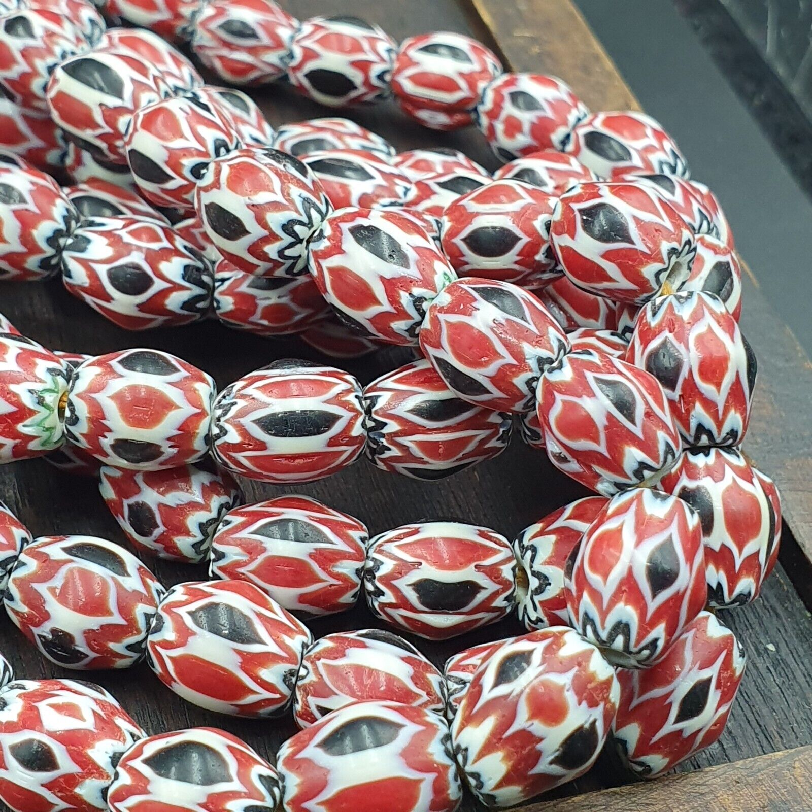 Vintage Venetian African Style Red Glass Chevron Beads Long Strand 10x13mm